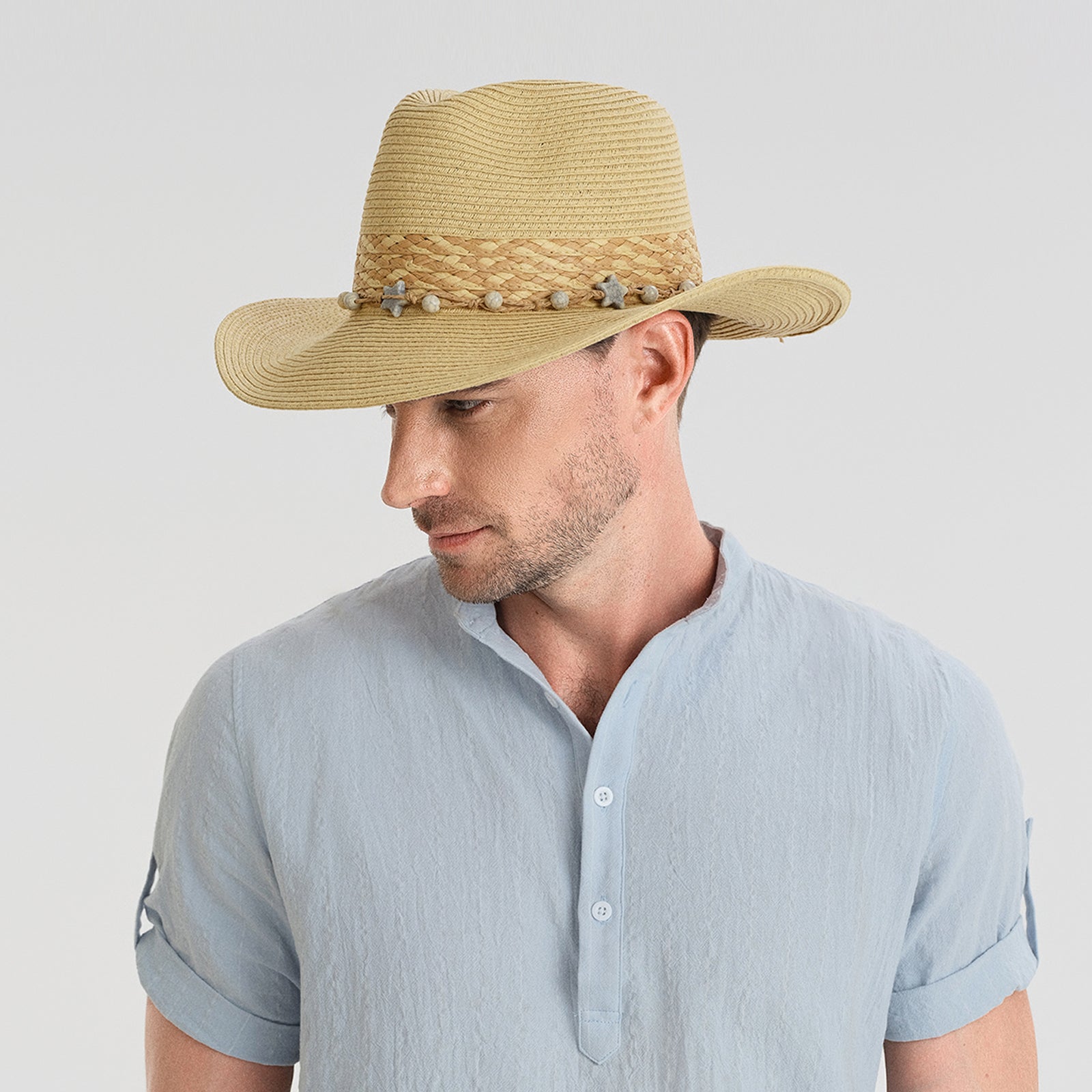 US Stock Wholesale Unisex Paper Straw Cowboy Hat with Upturned Brim and UPF 50+ Sun Protection