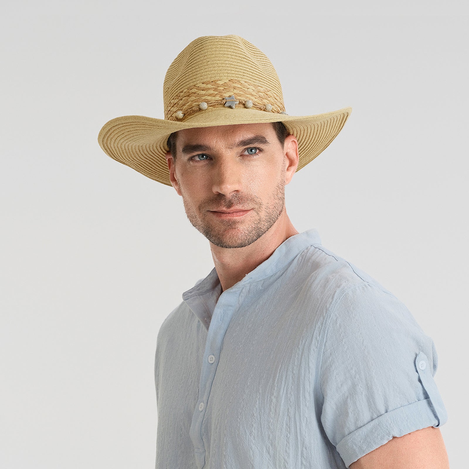 US Stock Wholesale Unisex Paper Straw Cowboy Hat with Upturned Brim and UPF 50+ Sun Protection