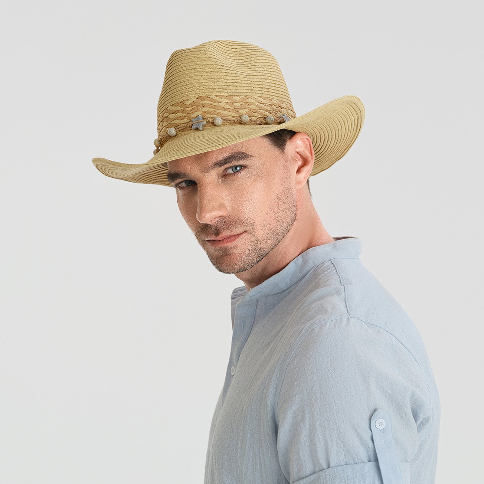 US Stock Wholesale Unisex Paper Straw Cowboy Hat with Upturned Brim and UPF 50+ Sun Protection