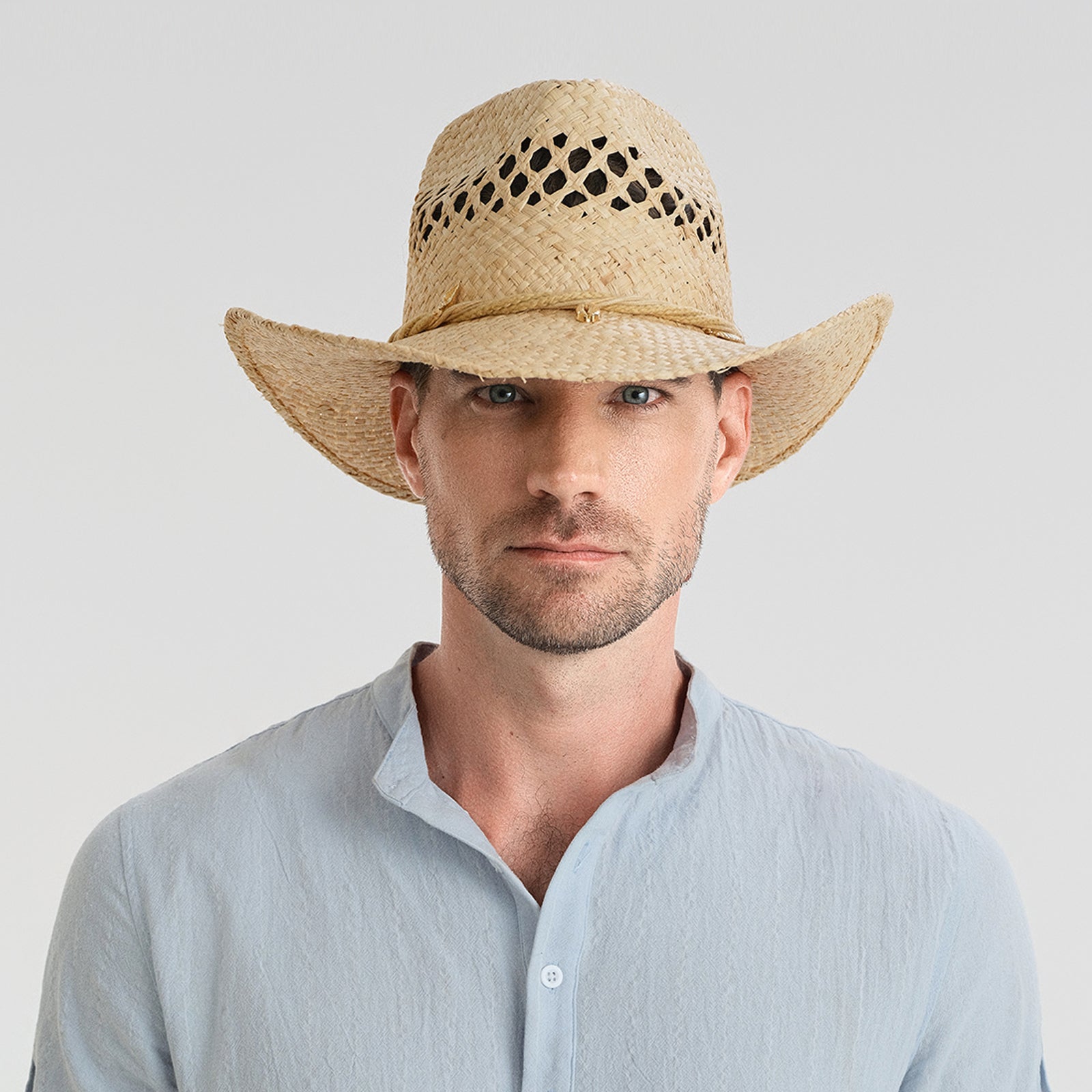Wholesale Unisex Raffia Cowboy Hat with Upturned Brim and UPF 50+ Sun Protection
