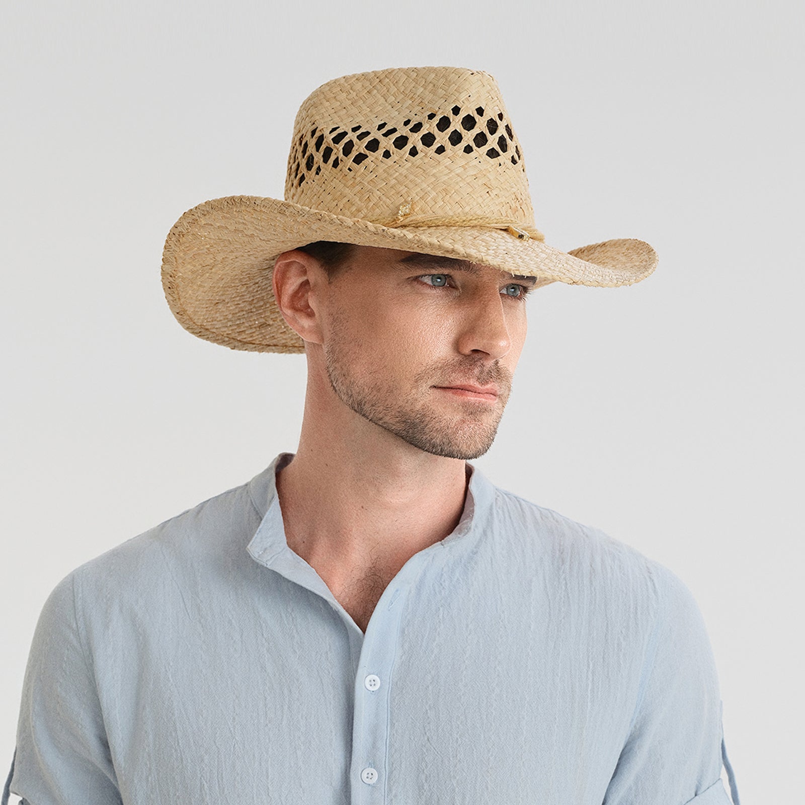 Wholesale Unisex Raffia Cowboy Hat with Upturned Brim and UPF 50+ Sun Protection