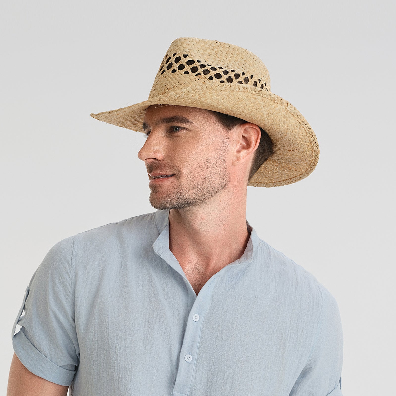 Wholesale Unisex Raffia Cowboy Hat with Upturned Brim and UPF 50+ Sun Protection