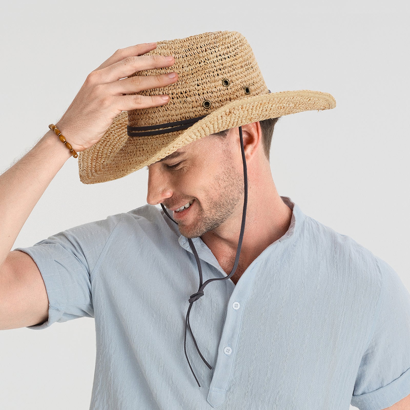US Stock Wholesale Unisex Raffia Cowboy Hat with Upturned Brim and UPF 50+ Sun Protection