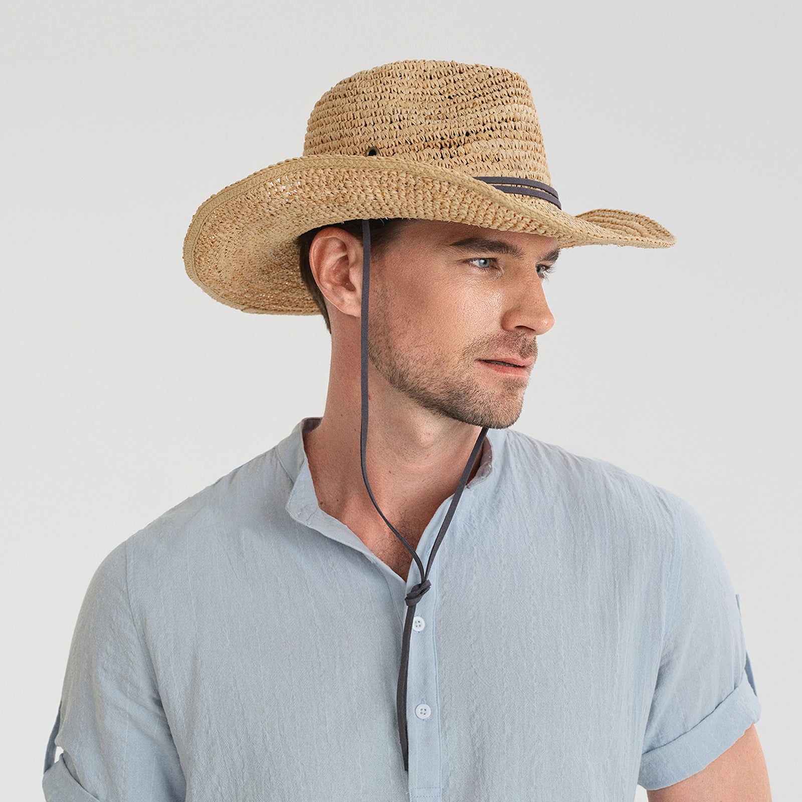 US Stock Wholesale Unisex Raffia Cowboy Hat with Upturned Brim and UPF 50+ Sun Protection