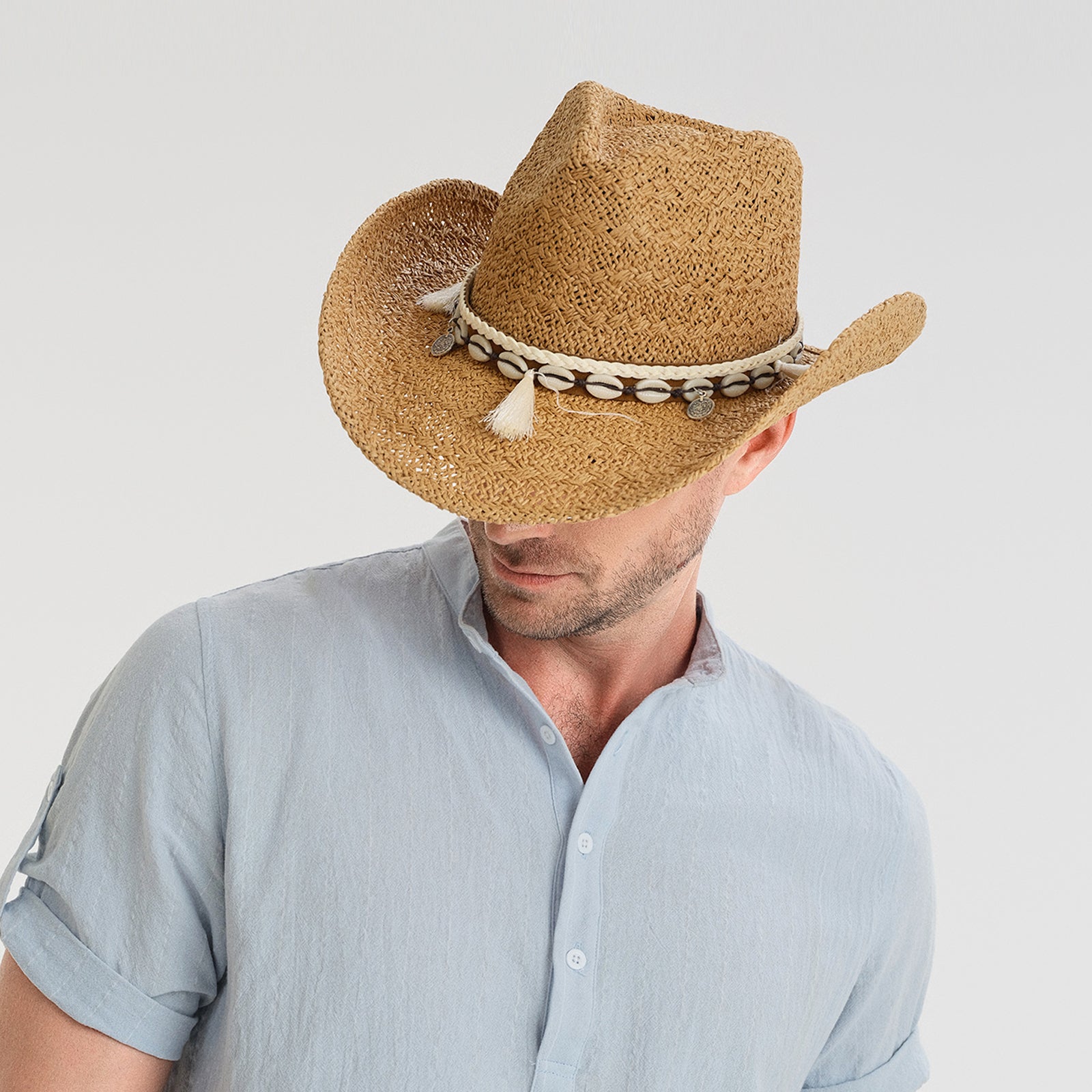 US Stock Wholesale Unisex Paper Straw Cowboy Hat with Upturned Brim and UPF 50+ Sun Protection