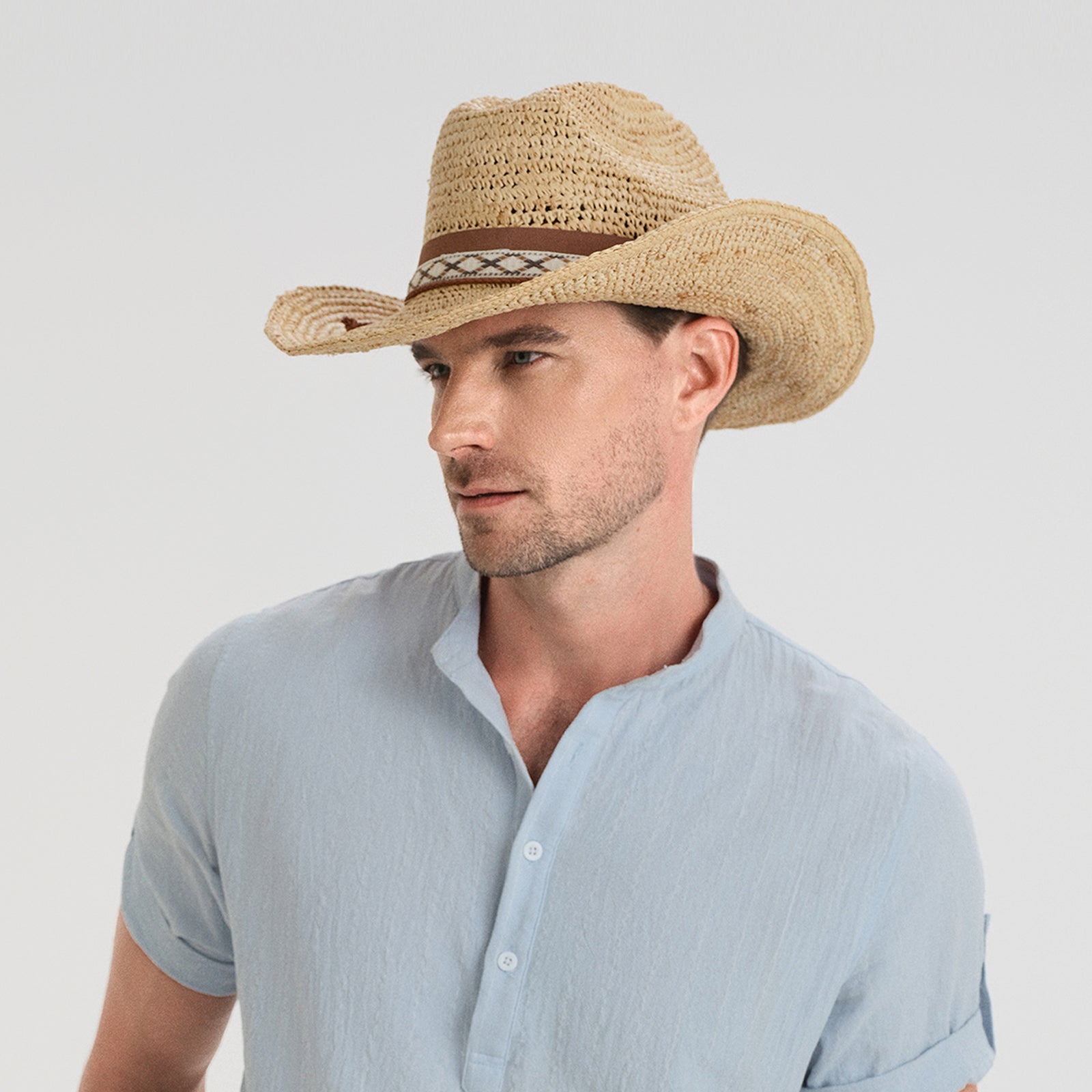 Wholesale Unisex Raffia Cowboy Hat with Upturned Brim and UPF 50+ Sun Protection