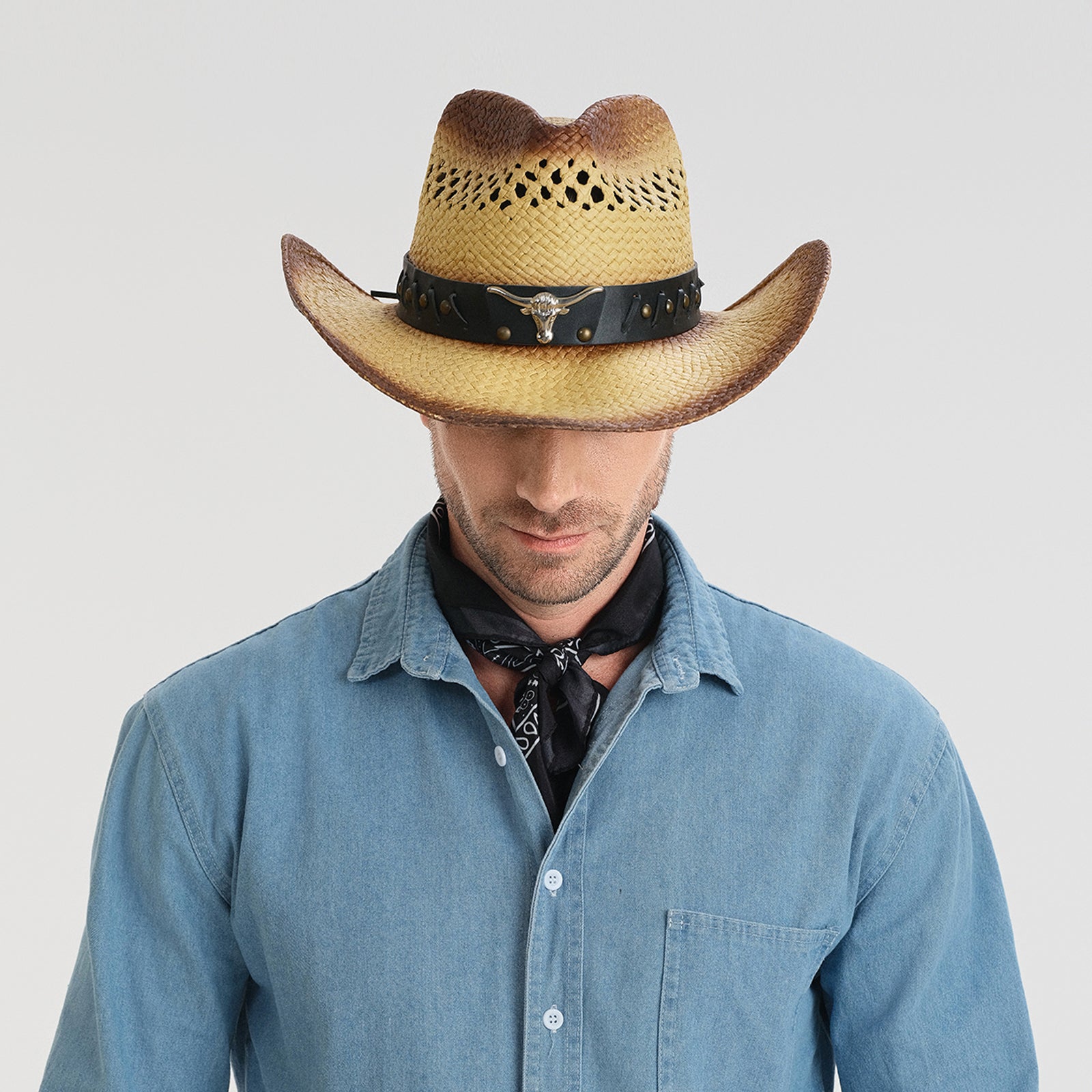 US Stock Wholesale Unisex Paper Straw Cowboy Hat with Upturned Brim and UPF 50+ Sun Protection