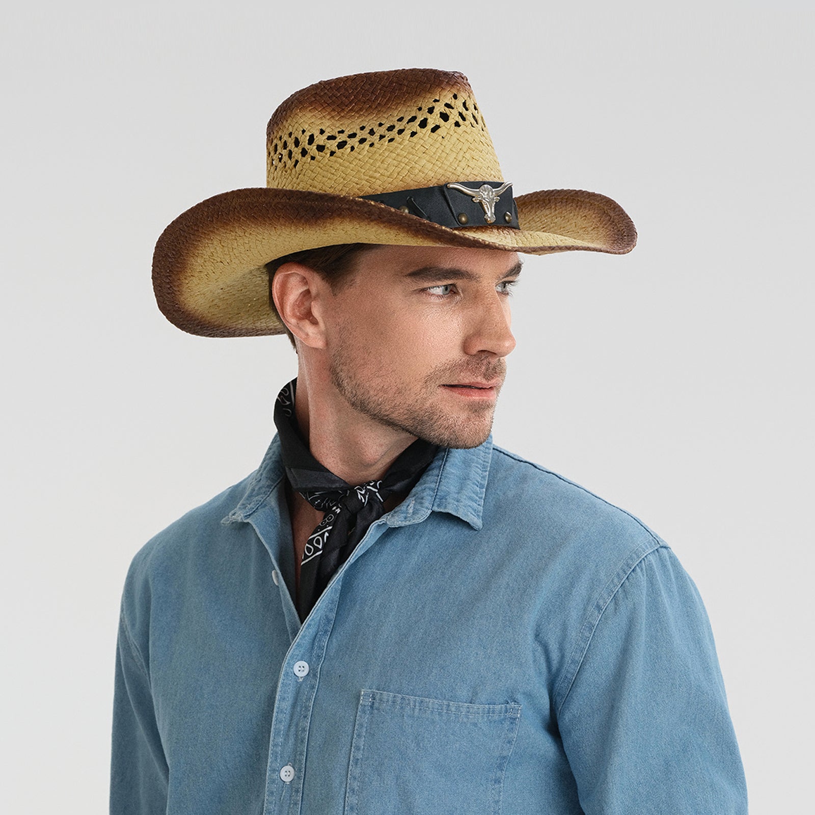 US Stock Wholesale Unisex Paper Straw Cowboy Hat with Upturned Brim and UPF 50+ Sun Protection