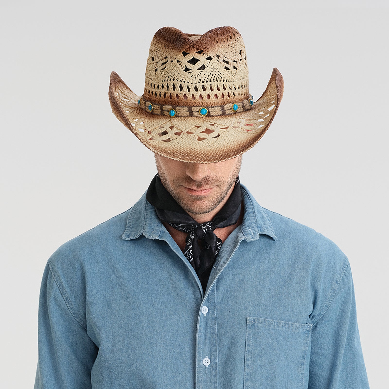 US Stock Wholesale Unisex Paper Straw Cowboy Hat with Upturned Brim and UPF 50+ Sun Protection