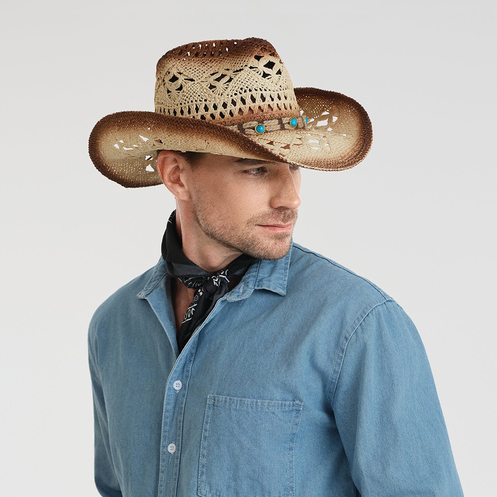 US Stock Wholesale Unisex Paper Straw Cowboy Hat with Upturned Brim and UPF 50+ Sun Protection