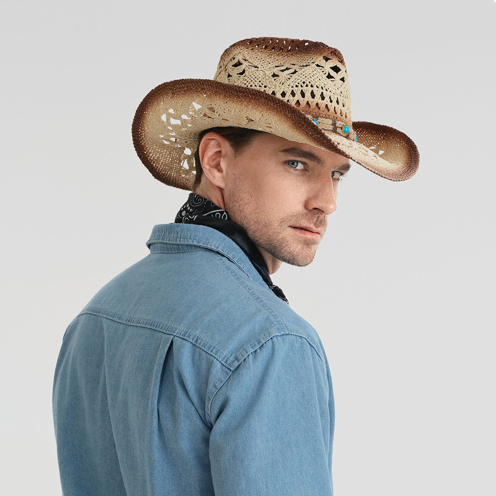 US Stock Wholesale Unisex Paper Straw Cowboy Hat with Upturned Brim and UPF 50+ Sun Protection