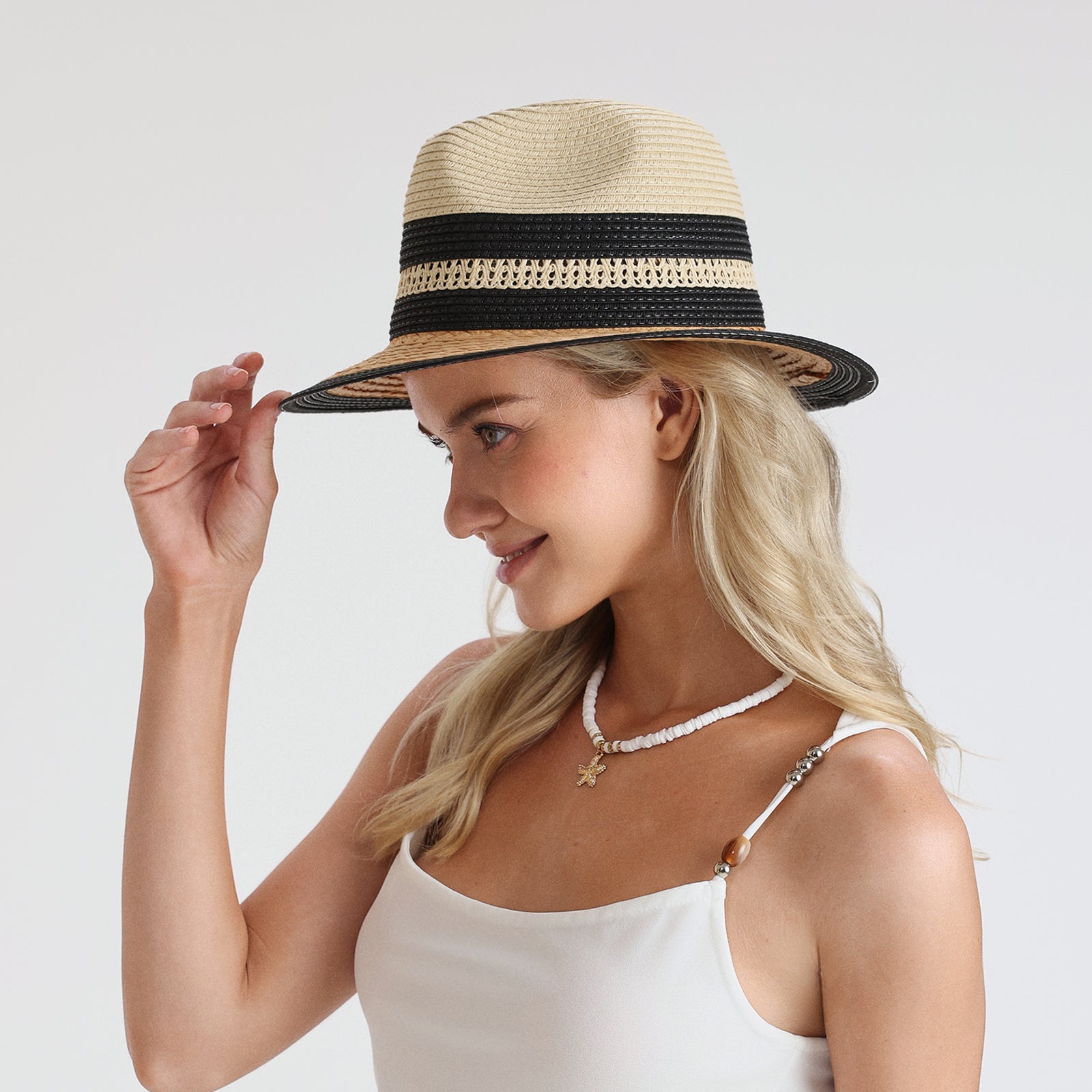 US Stock Wholesale Unisex Paper Straw Fedora Hat with  Flat Brim and UPF 50+ Sun Protection