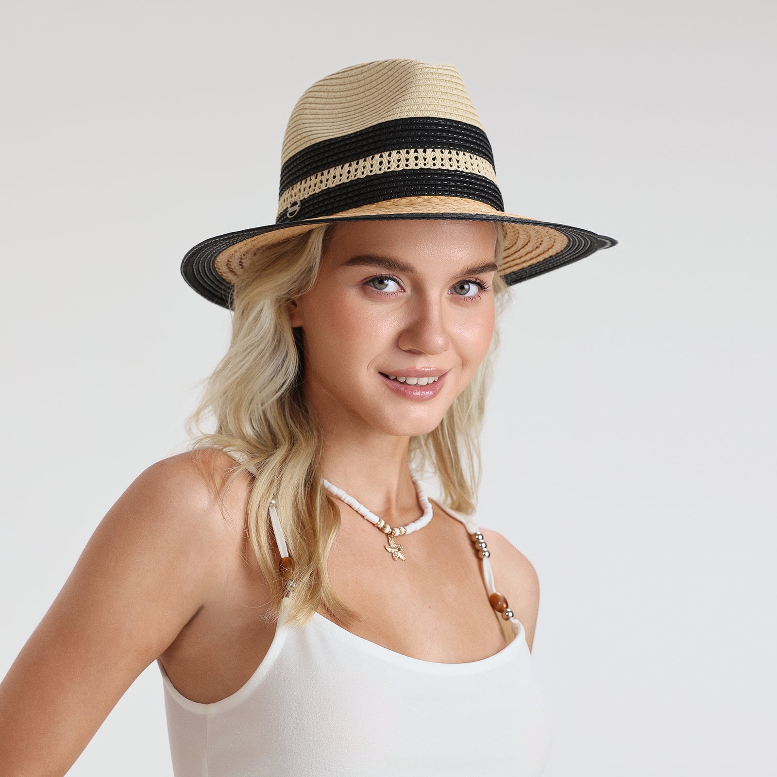 US Stock Wholesale Unisex Paper Straw Fedora Hat with  Flat Brim and UPF 50+ Sun Protection