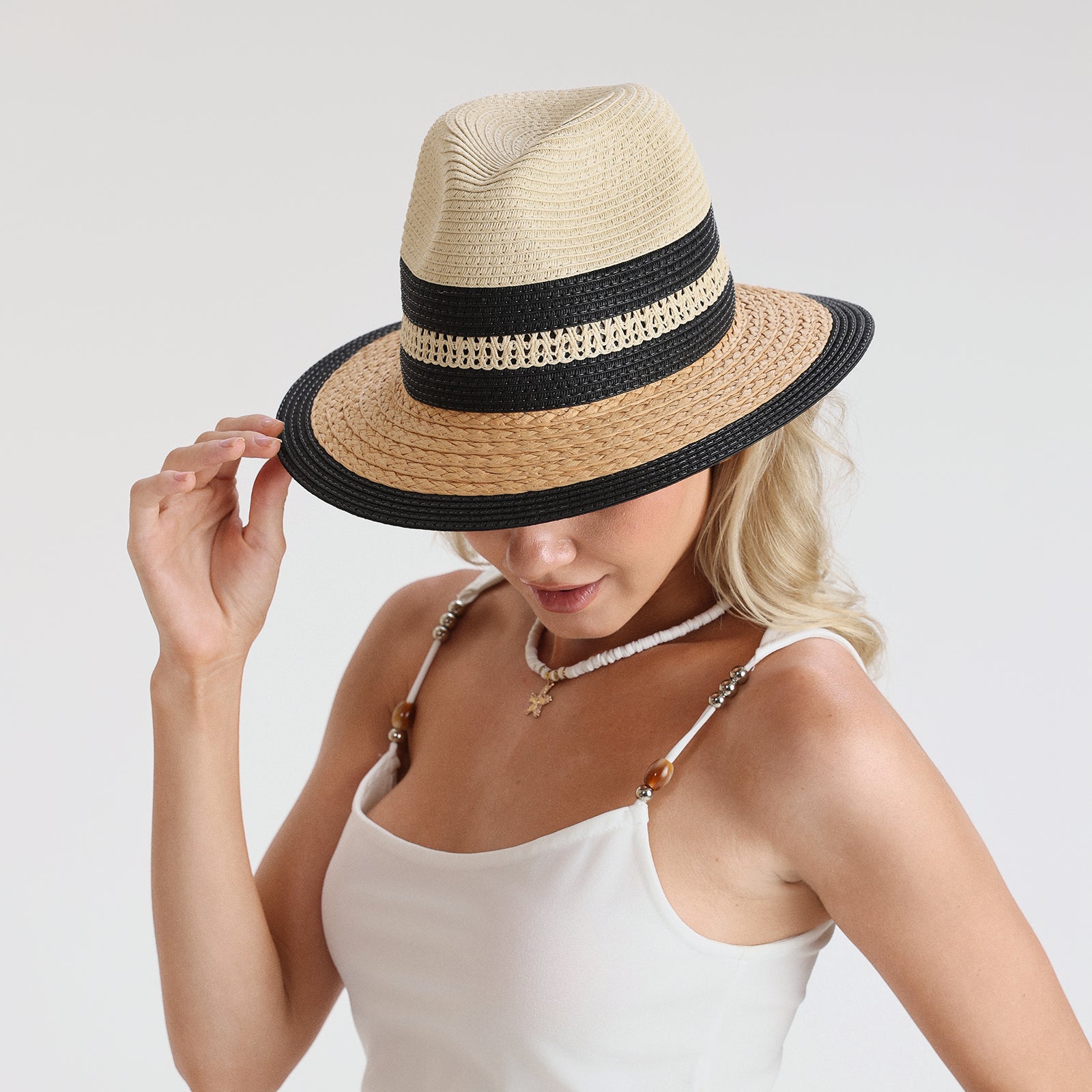 US Stock Wholesale Unisex Paper Straw Fedora Hat with  Flat Brim and UPF 50+ Sun Protection