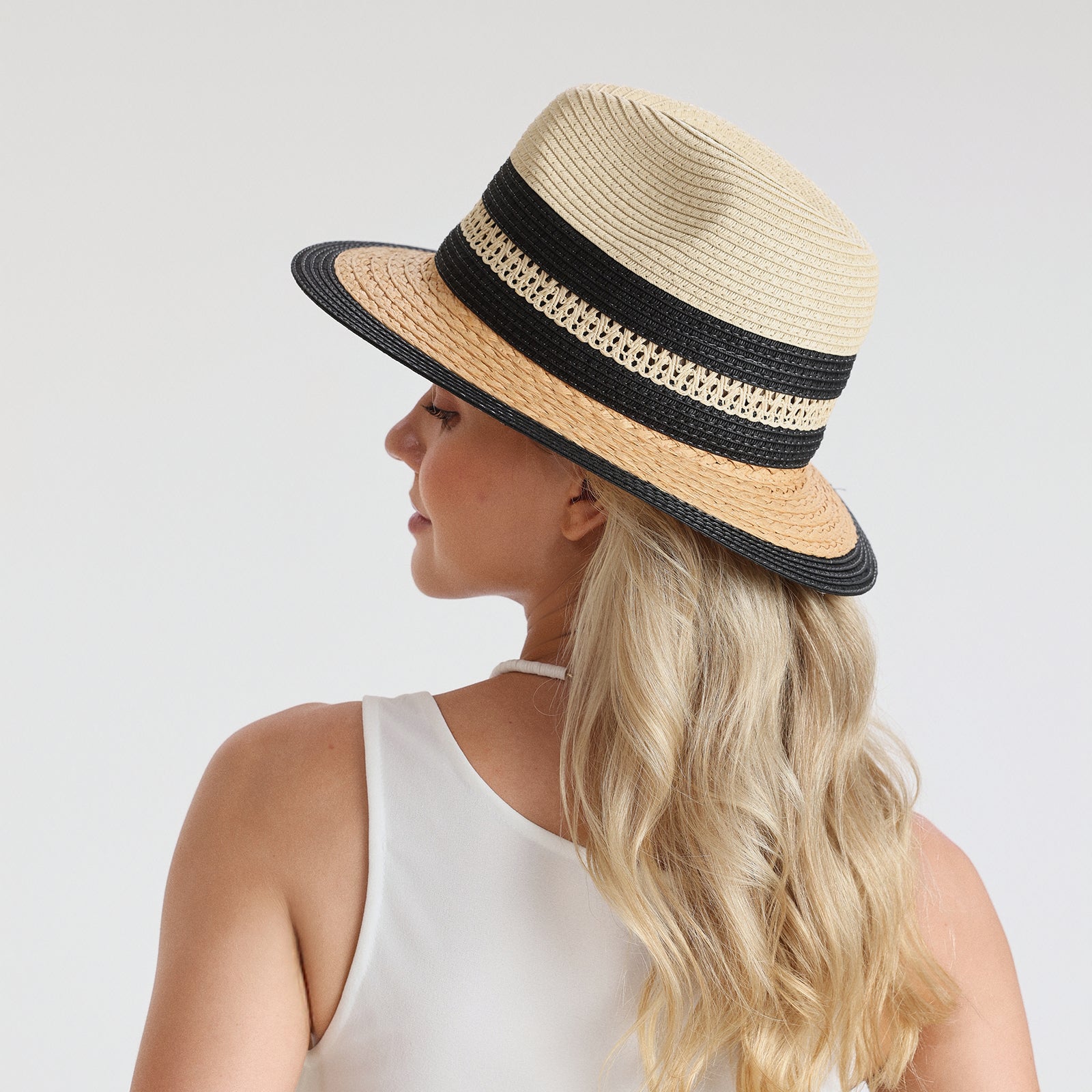US Stock Wholesale Unisex Paper Straw Fedora Hat with  Flat Brim and UPF 50+ Sun Protection
