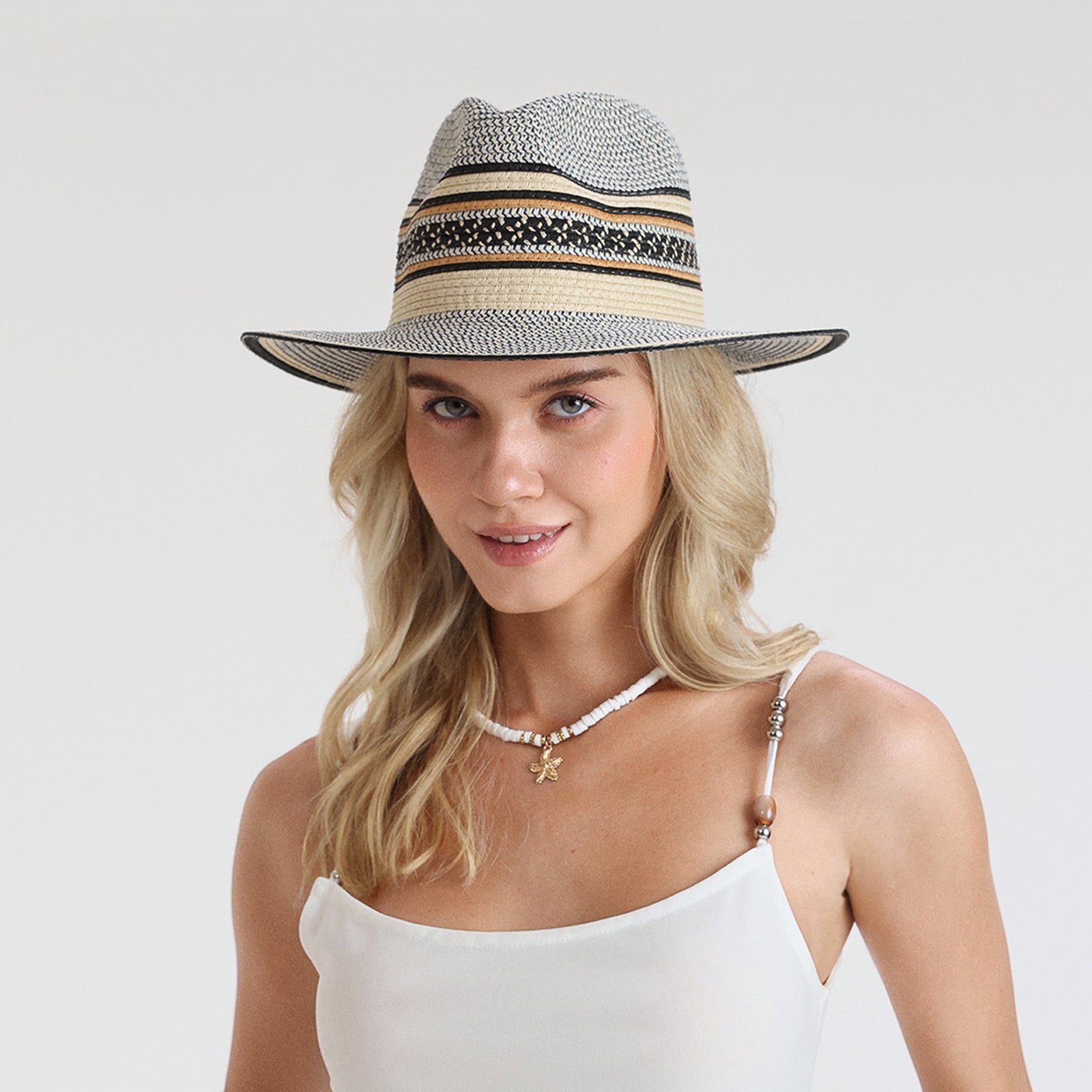 Wholesale Unisex Paper Straw Fedora Hat with  Flat Brim and UPF 50+ Sun Protection
