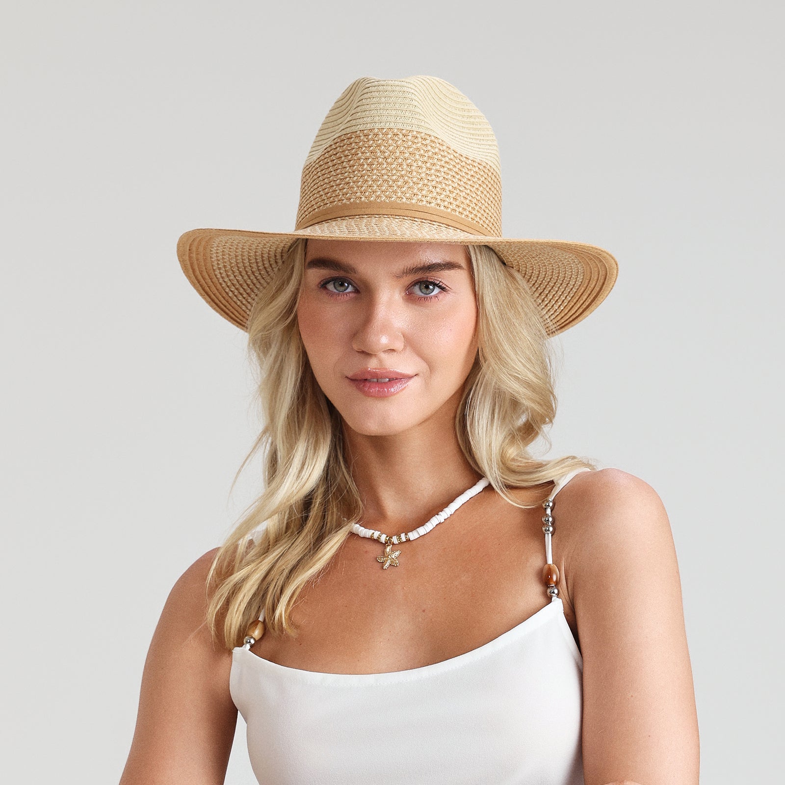 Wholesale Unisex Paper Straw Fedora Hat with  Flat Brim and UPF 50+ Sun Protection