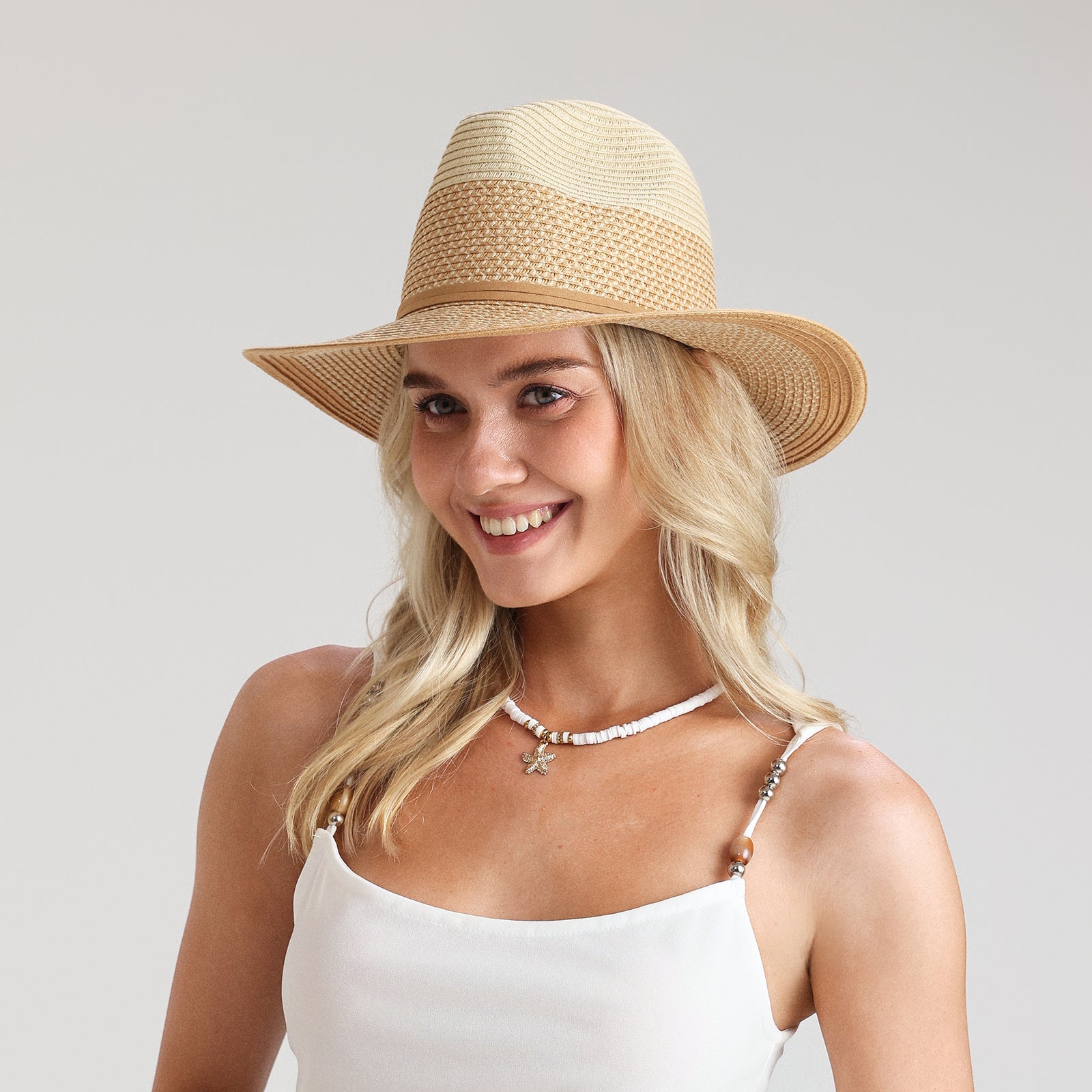 Wholesale Unisex Paper Straw Fedora Hat with  Flat Brim and UPF 50+ Sun Protection