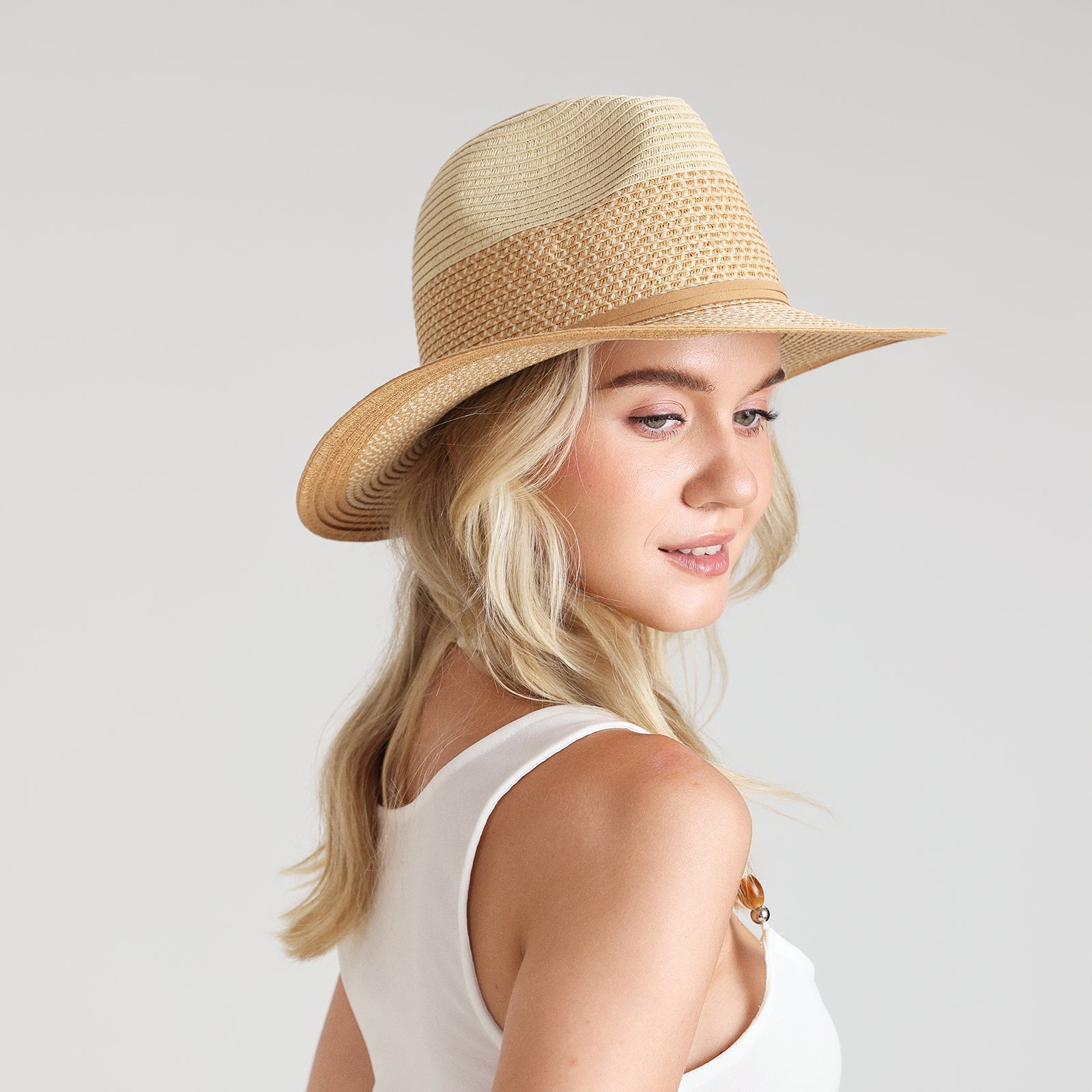 Wholesale Unisex Paper Straw Fedora Hat with  Flat Brim and UPF 50+ Sun Protection
