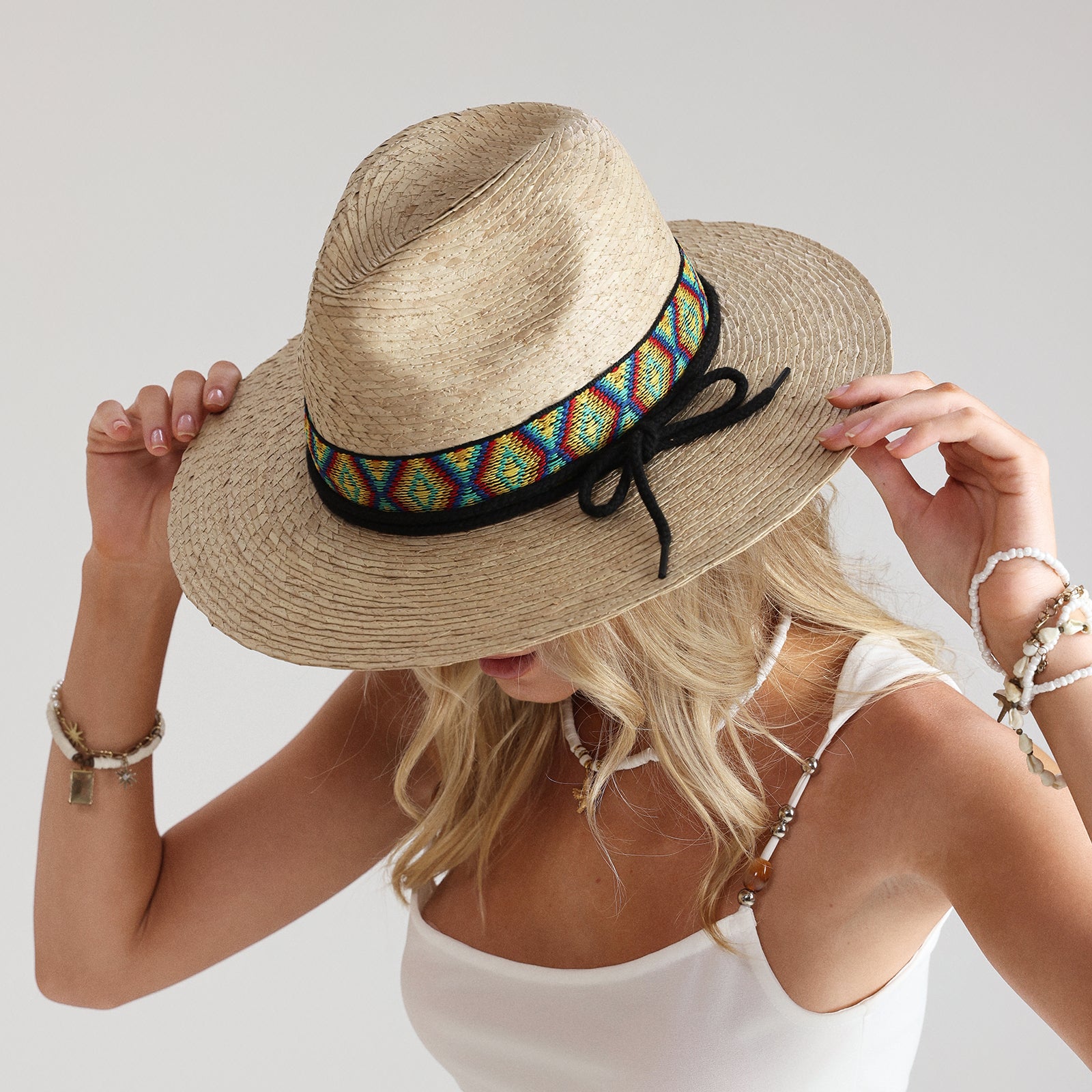US Stock Wholesale Unisex Palm Leaf Fedora Hat with  Flat Brim and UPF 50+ Sun Protection