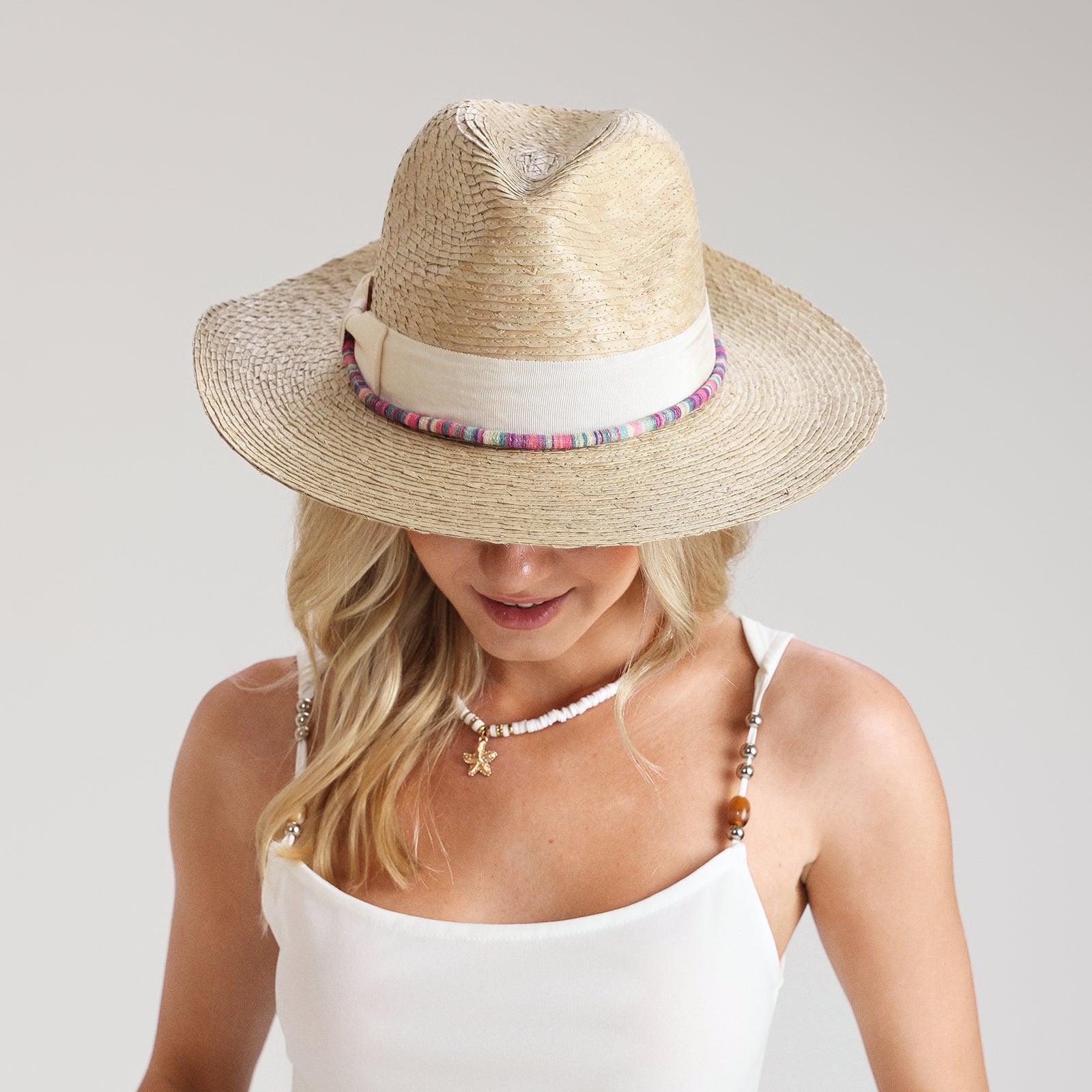 US Stock Wholesale Unisex Palm Leaf Fedora Hat with  Flat Brim and UPF 50+ Sun Protection