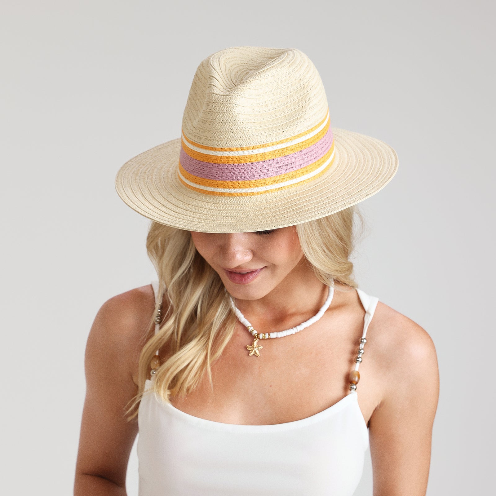 Wholesale Women's Paper Straw Fedora Hat with  Flat Brim and UPF 50+ Sun Protection