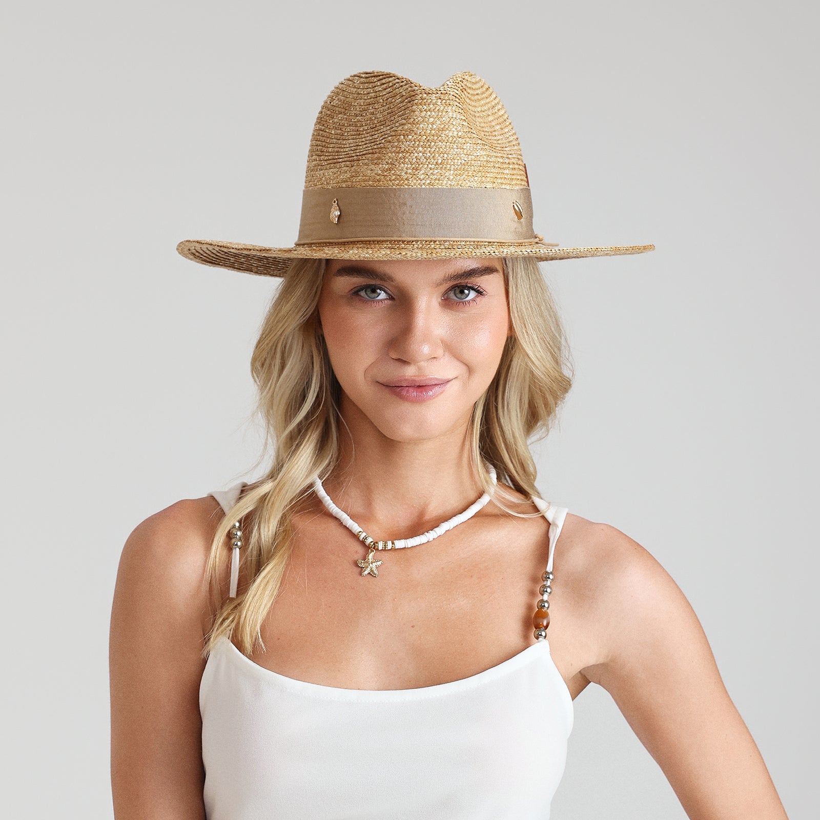 US Stock Wholesale Women's Wheat Straw Fedora Hat with  Flat Brim and UPF 50+ Sun Protection