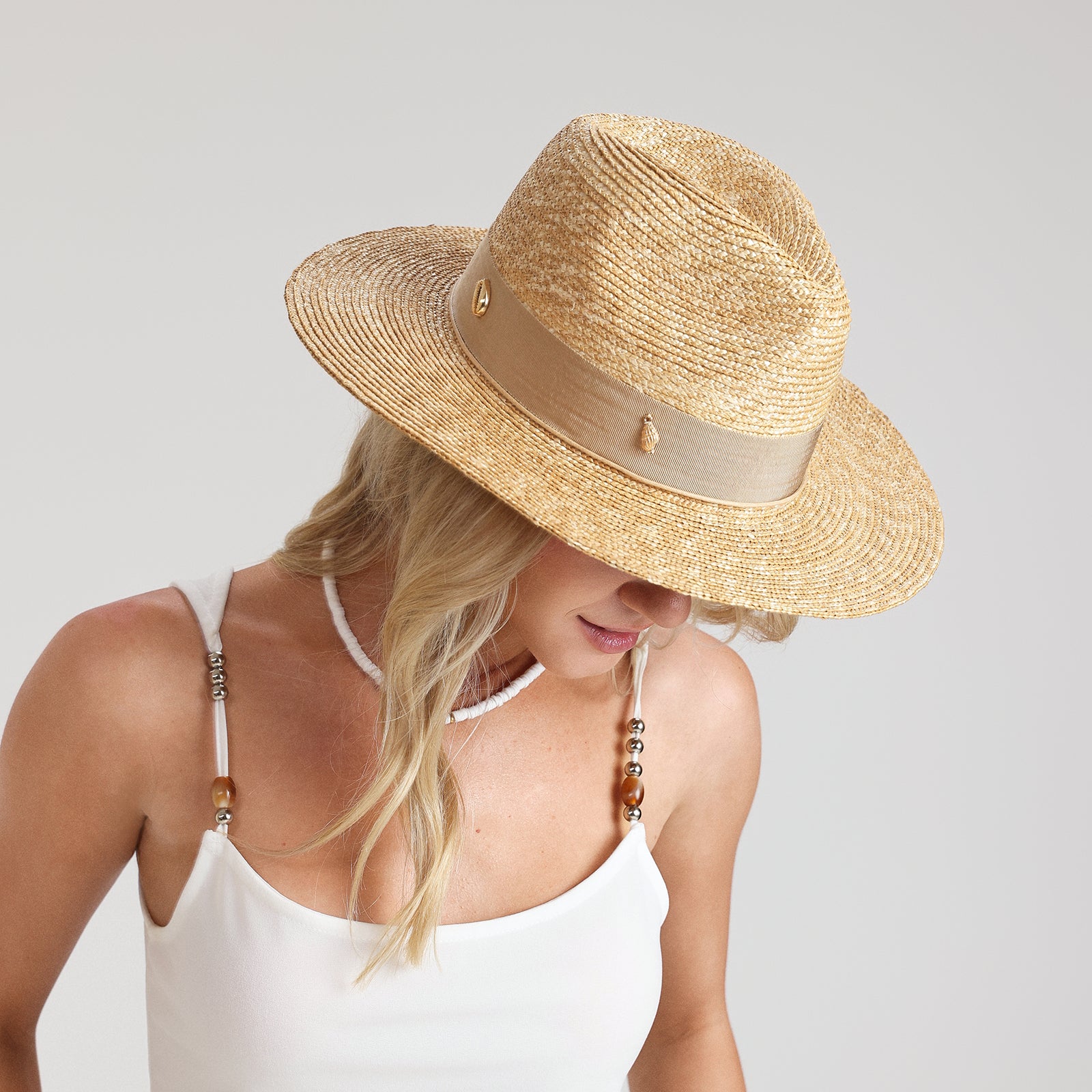 US Stock Wholesale Women's Wheat Straw Fedora Hat with  Flat Brim and UPF 50+ Sun Protection