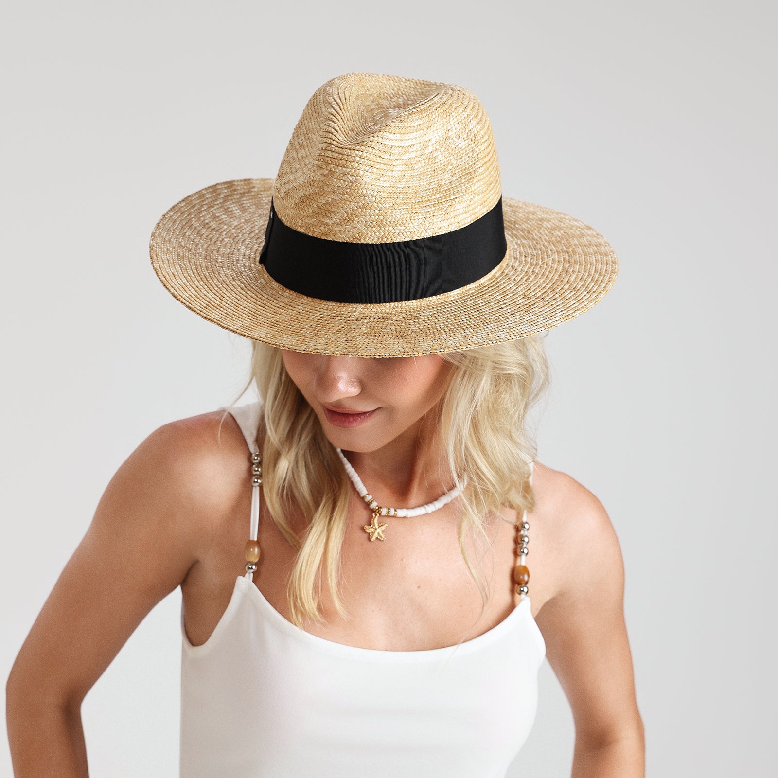 Wholesale Unisex Wheat Straw Fedora Hat with  Flat Brim and UPF 50+ Sun Protection