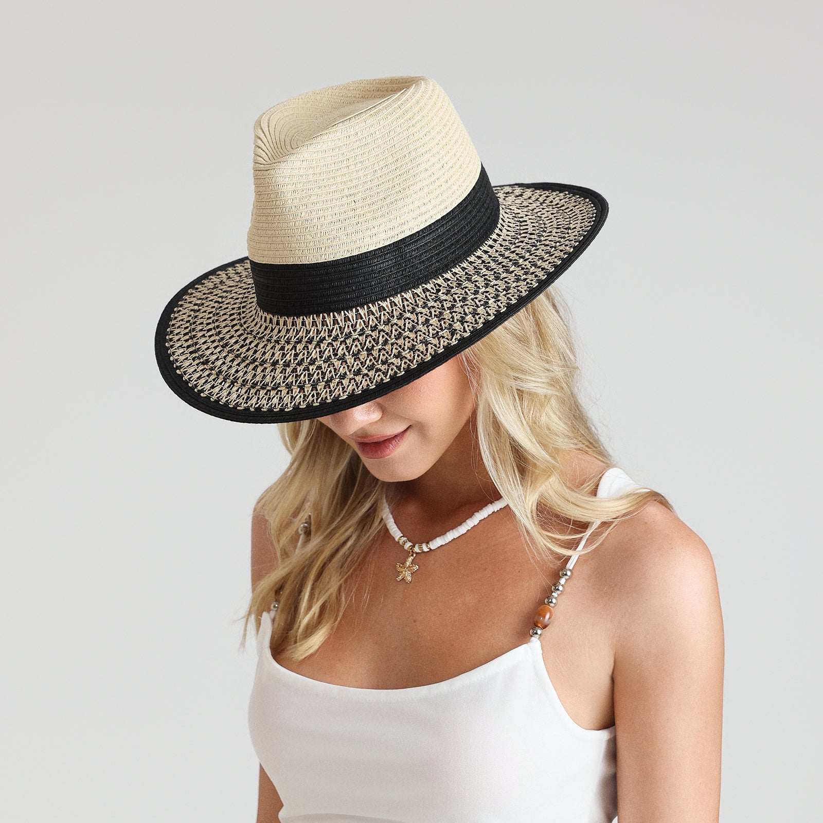 Wholesale Unisex Paper Straw Fedora Hat with  Flat Brim and UPF 50+ Sun Protection