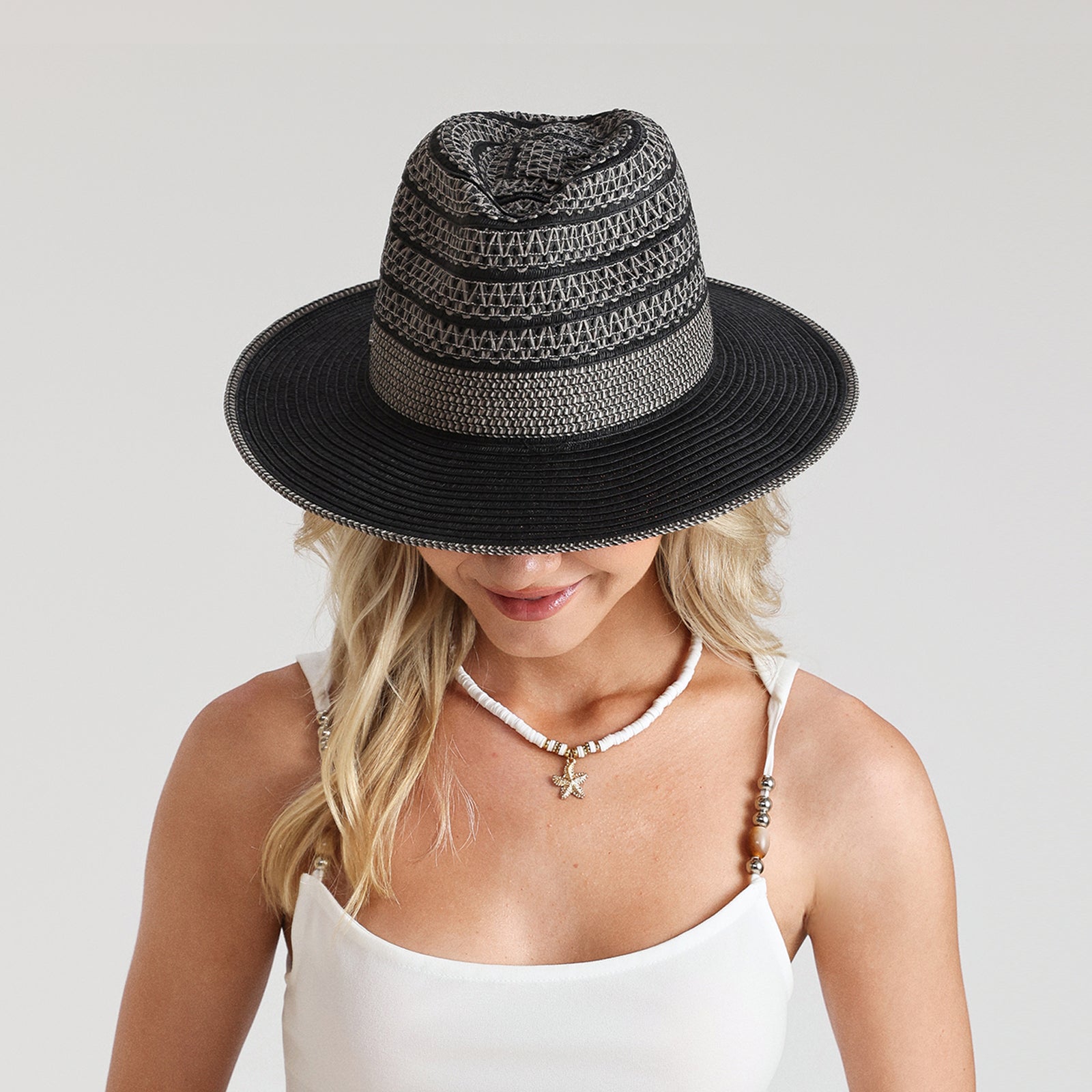 US Stock Wholesale Unisex Paper Straw Fedora Hat with  Flat Brim and UPF 50+ Sun Protection