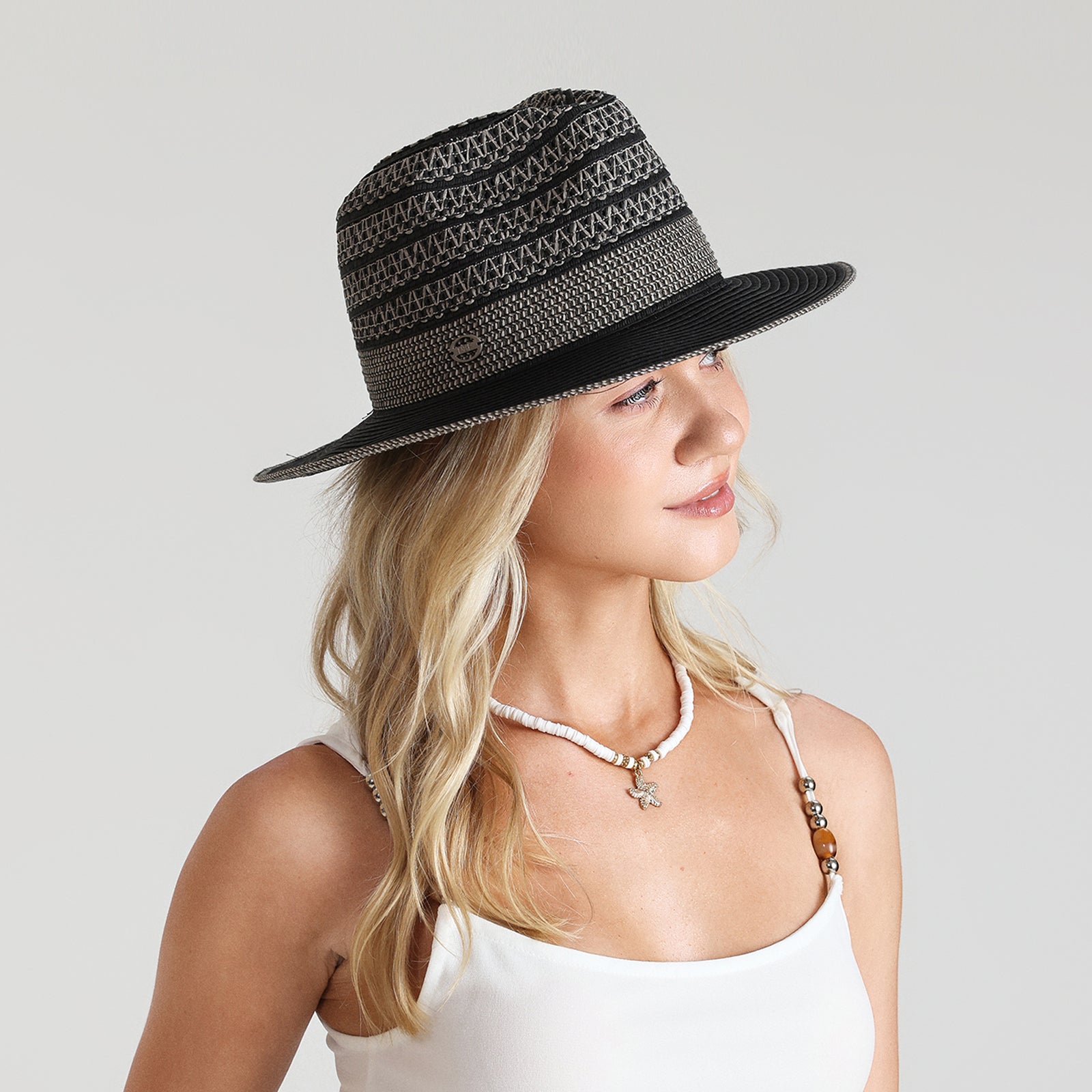 US Stock Wholesale Unisex Paper Straw Fedora Hat with  Flat Brim and UPF 50+ Sun Protection