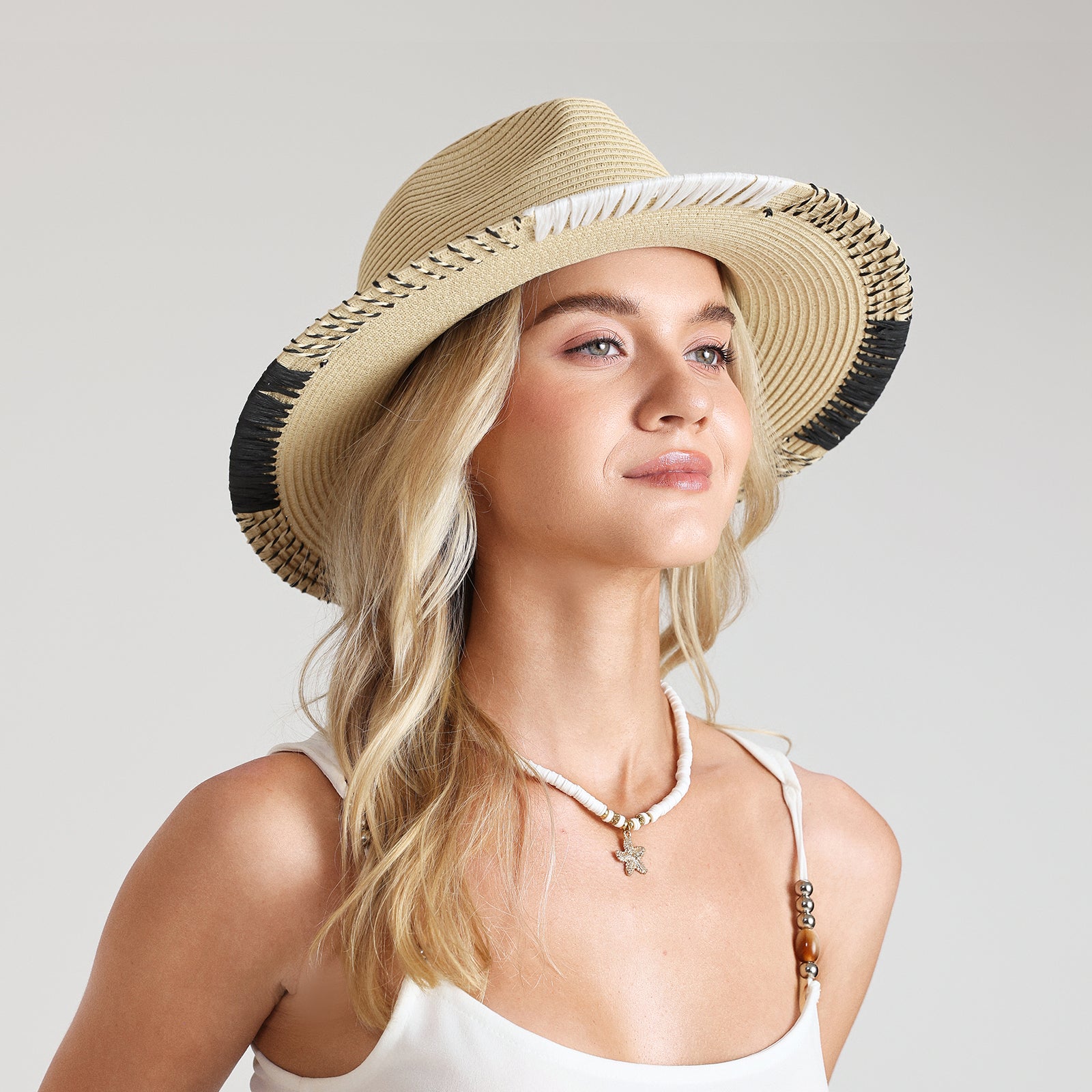US Stock Wholesale Unisex Paper Straw Fedora Hat with  Flat Brim and UPF 50+ Sun Protection
