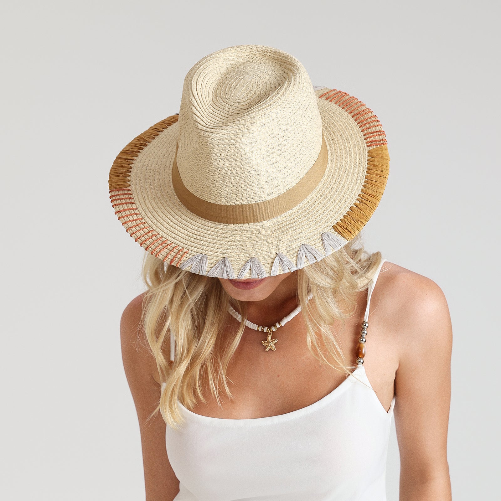 Wholesale Women's Paper Straw Fedora Hat with Flat brim and UPF 50+ Sun Protection