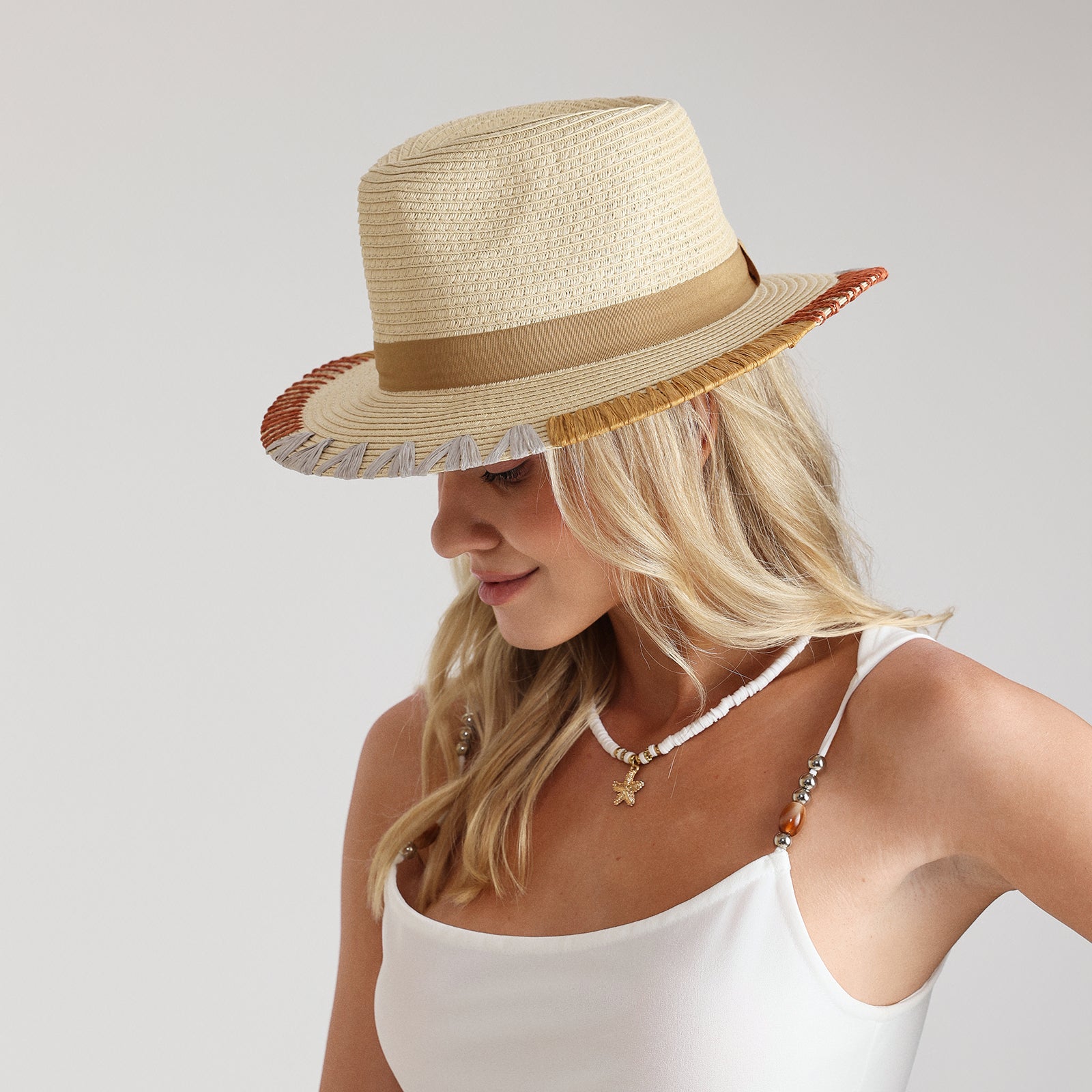 Wholesale Women's Paper Straw Fedora Hat with Flat brim and UPF 50+ Sun Protection