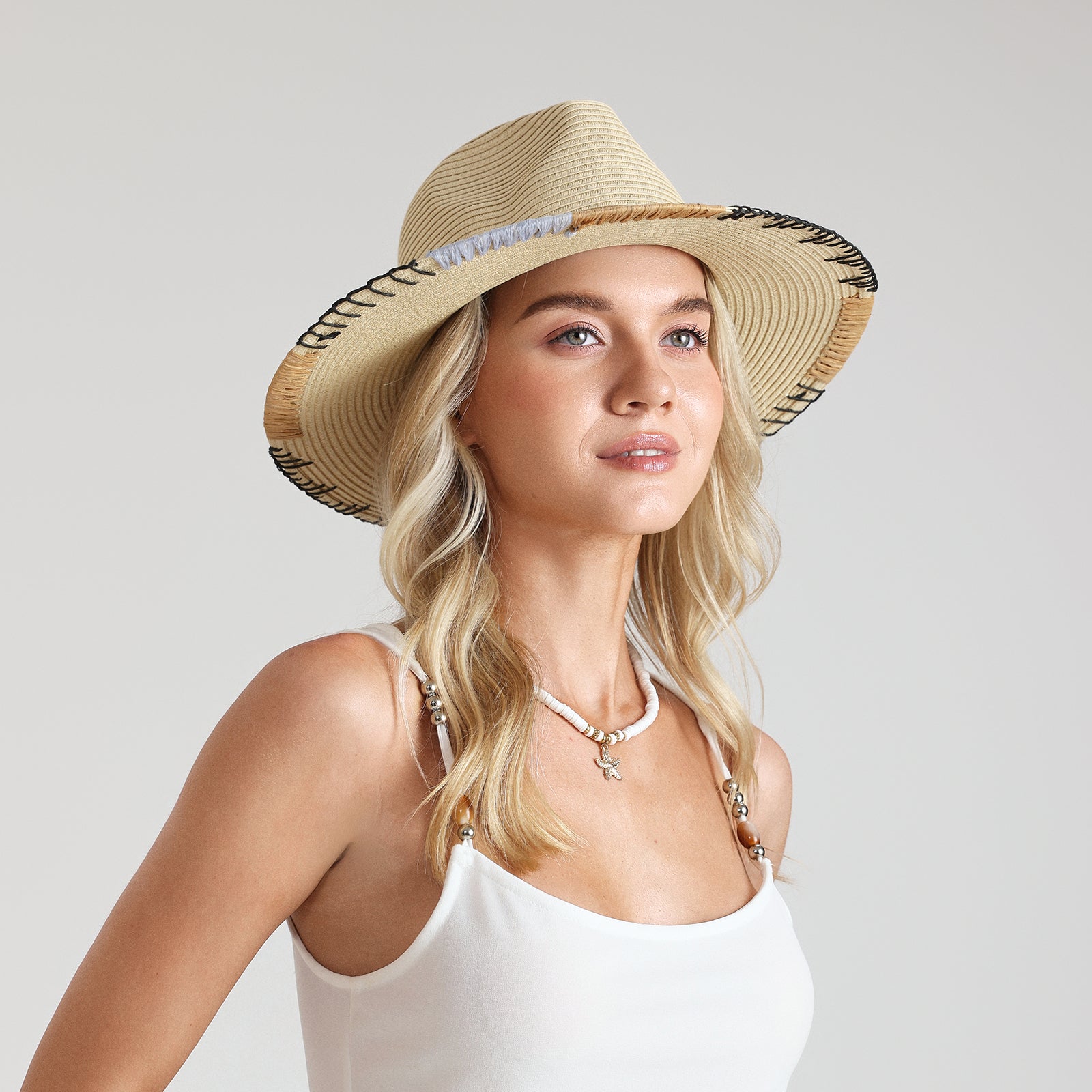 Wholesale Women's Paper Straw Fedora Hat with Flat brim and UPF 50+ Sun Protection