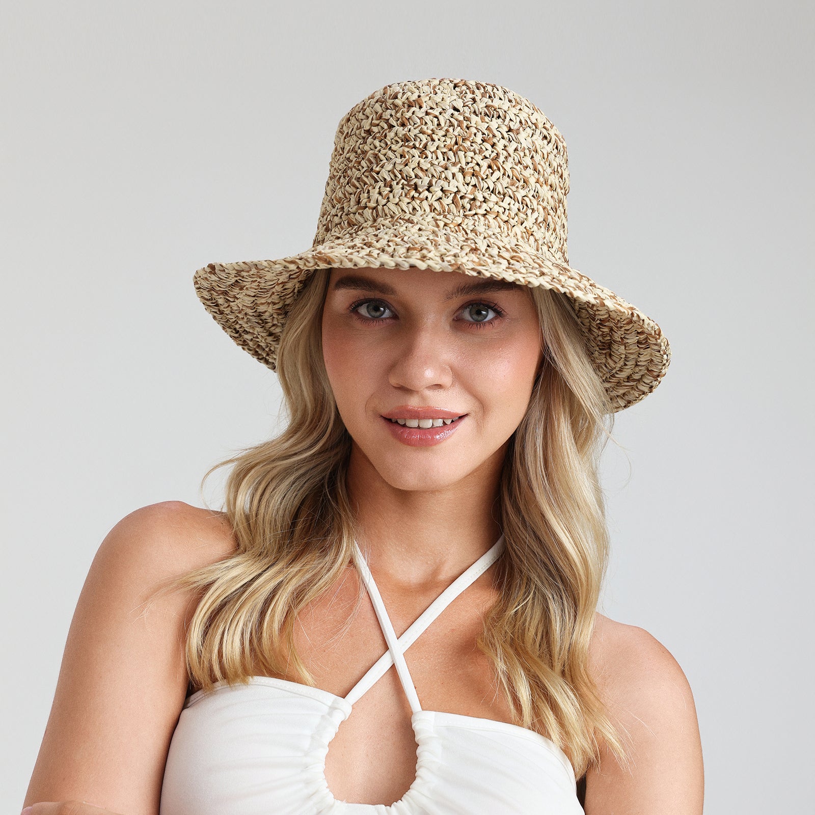 US Stock Wholesale Women's Paper Straw Bucket Hat with Wide Brim and UPF 50+ Sun Protection