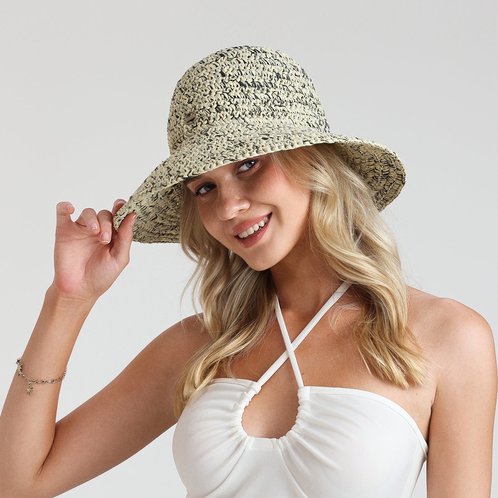 US Stock Wholesale Women's Paper Straw Bucket Hat with Wide Brim and UPF 50+ Sun Protection