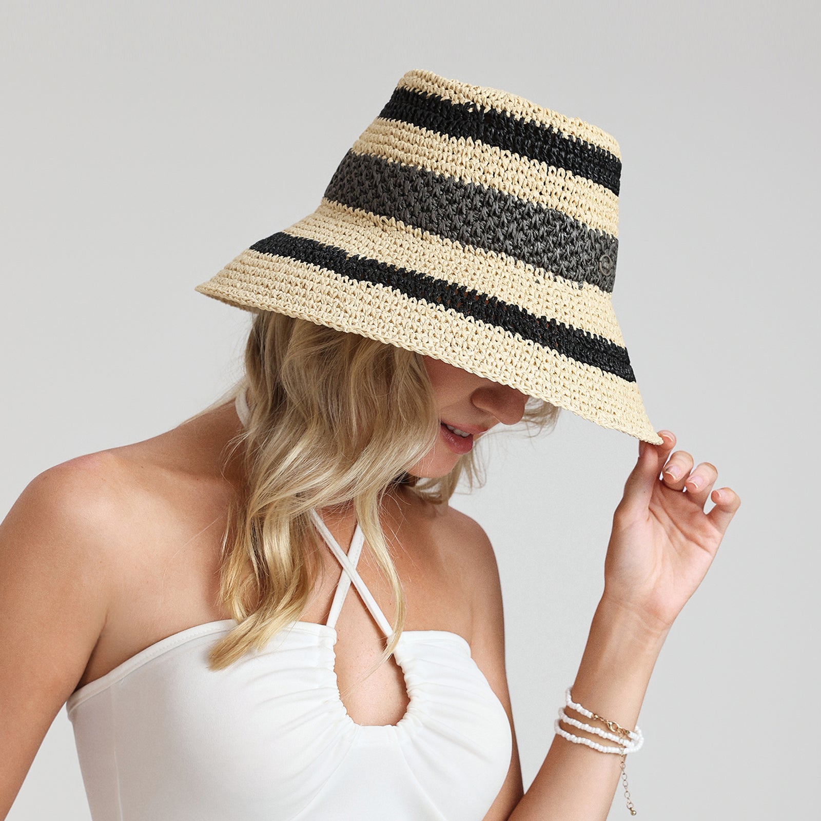 US Stock Wholesale Women's Paper Straw Bucket Hat with Wide Brim and UPF 50+ Sun Protection