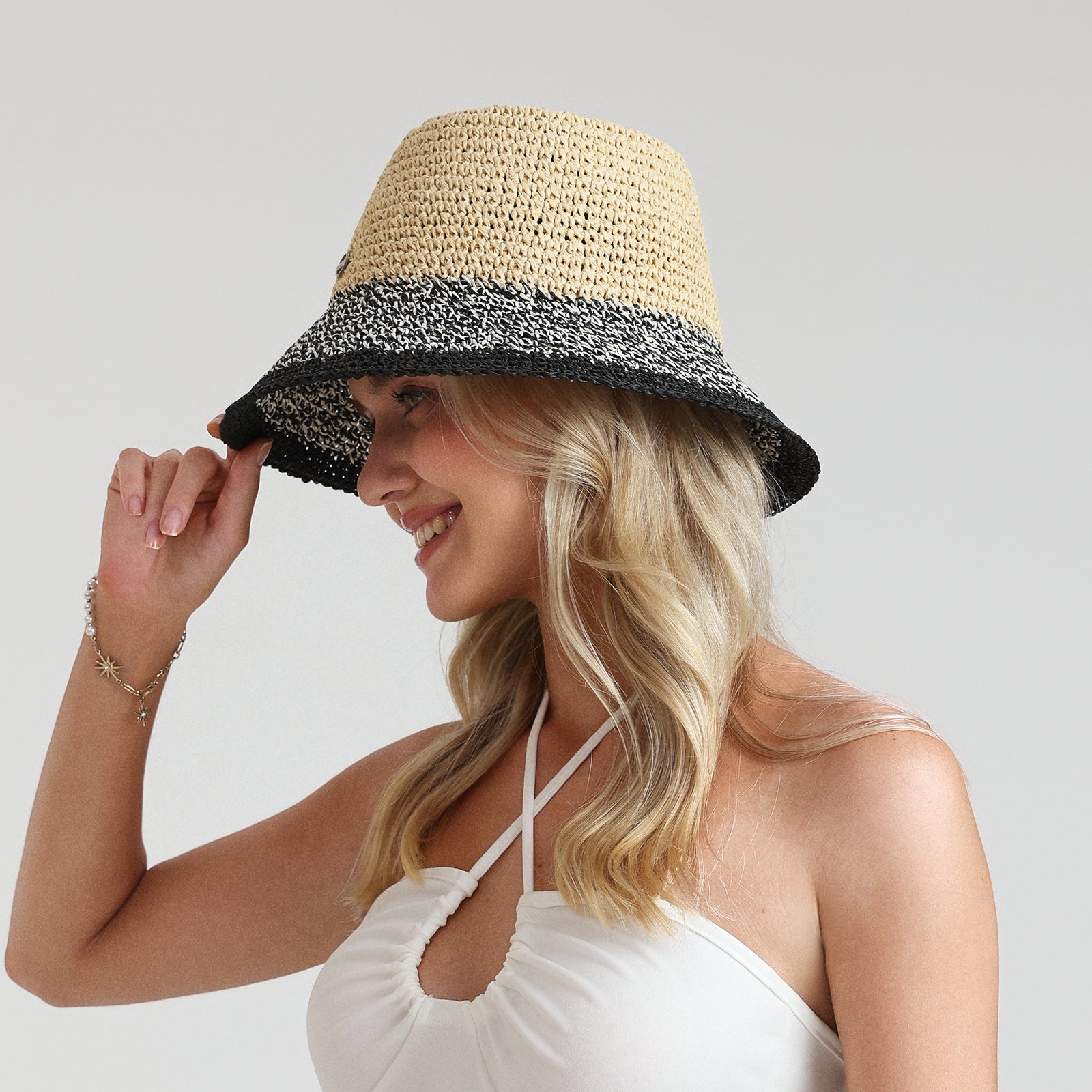 US Stock Wholesale Women's Paper Straw Bucket Hat with Wide Brim and UPF 50+ Sun Protection