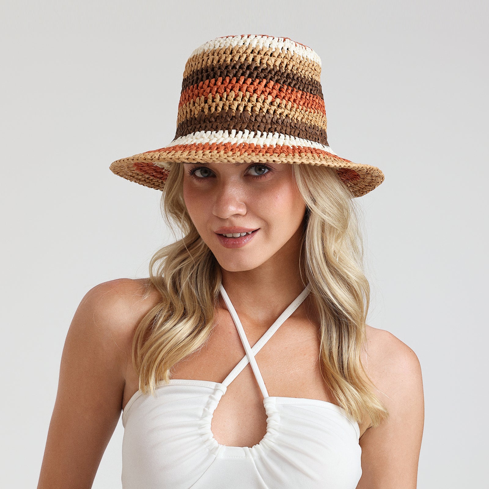 US Stock Wholesale Women's Paper Straw Bucket Hat with Wide Brim and UPF 50+ Sun Protection
