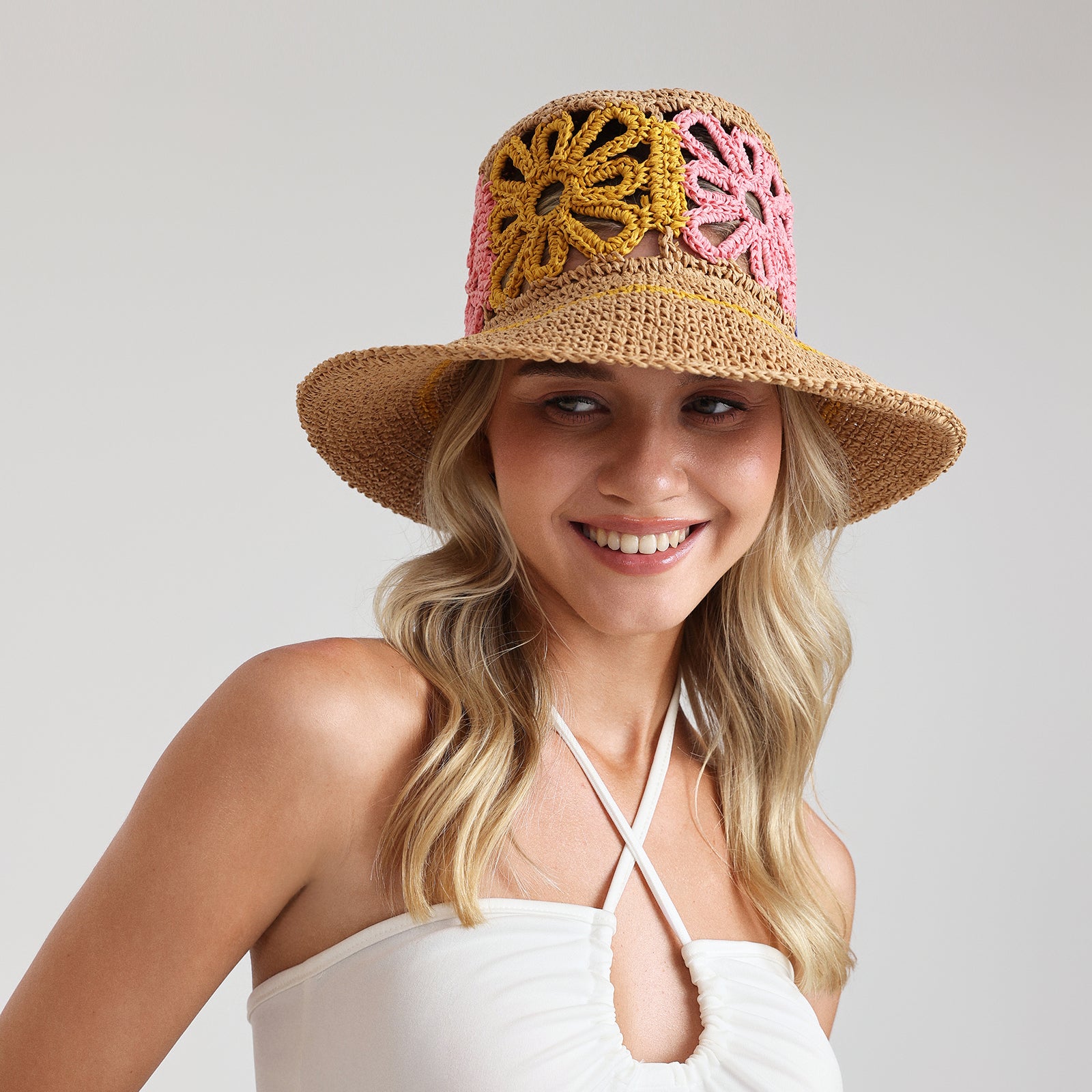 US Stock Wholesale Women’s Paper Straw Bucket Hat with Wide Brim and UPF 50+ Sun Protection