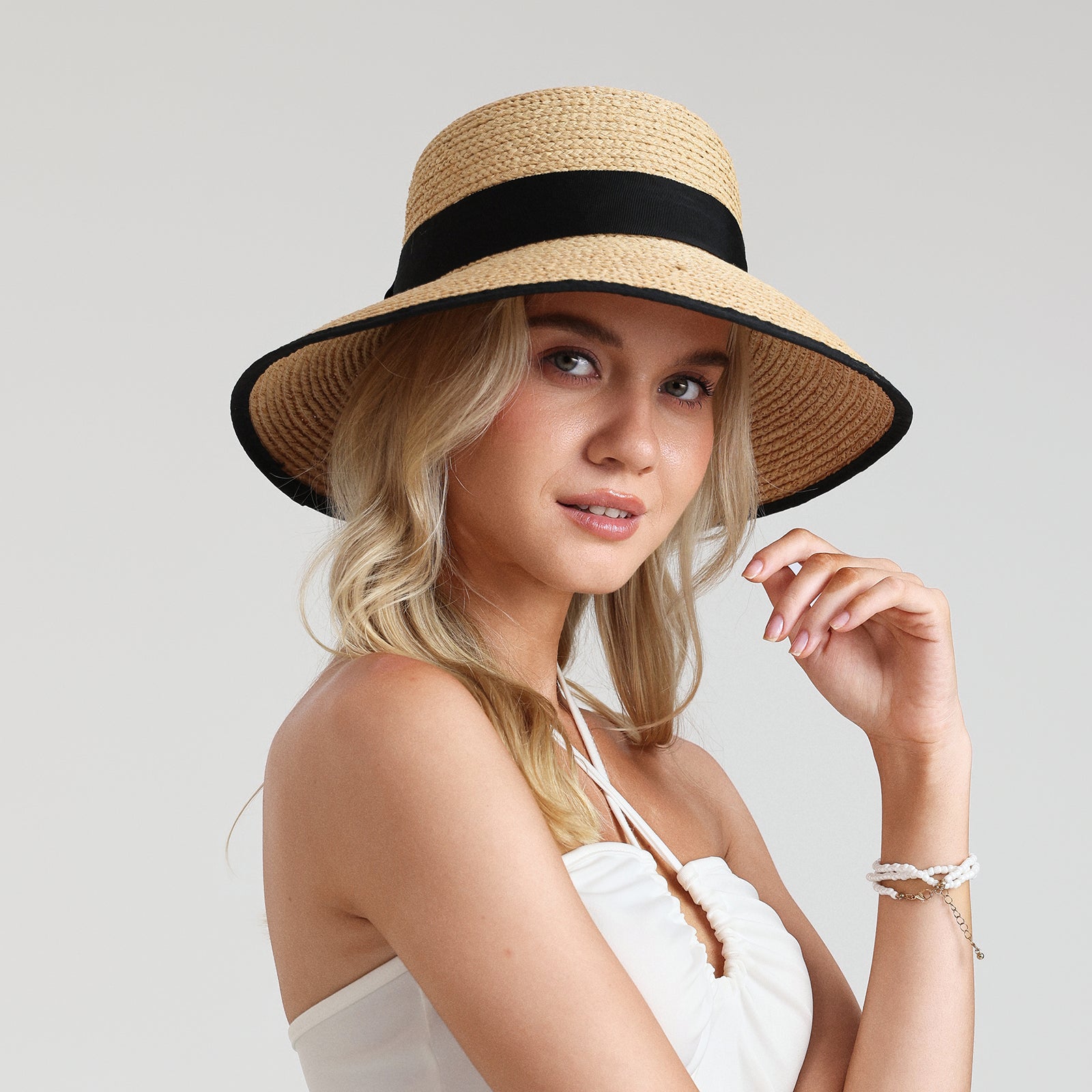 US Stock Wholesale Women's Raffia Bucket Hat with Wide Brim and UPF 50+ Sun Protection