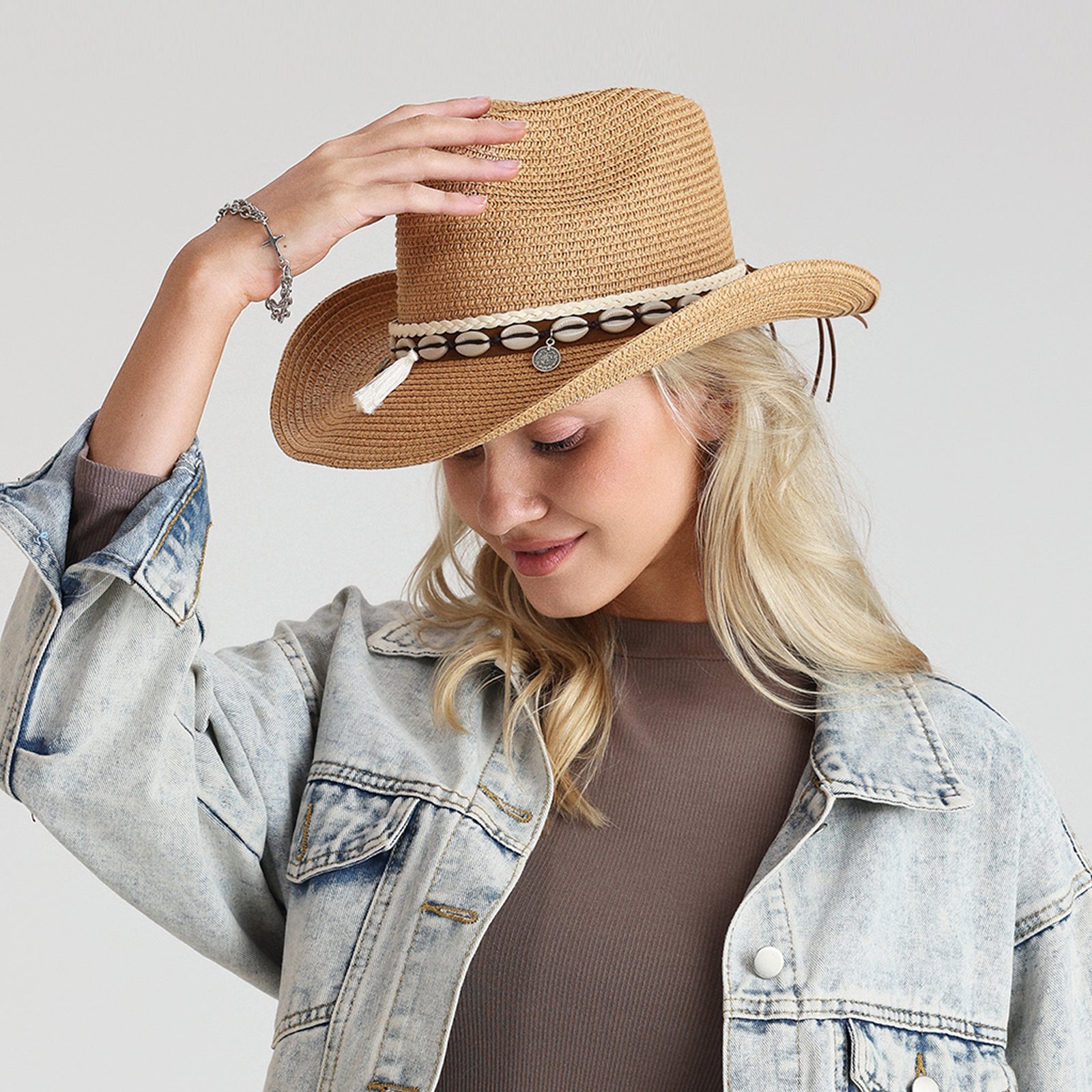 Wholesale Unisex Paper Straw Cowboy Hat with Upturned Brim and UPF 50+ Sun Protection