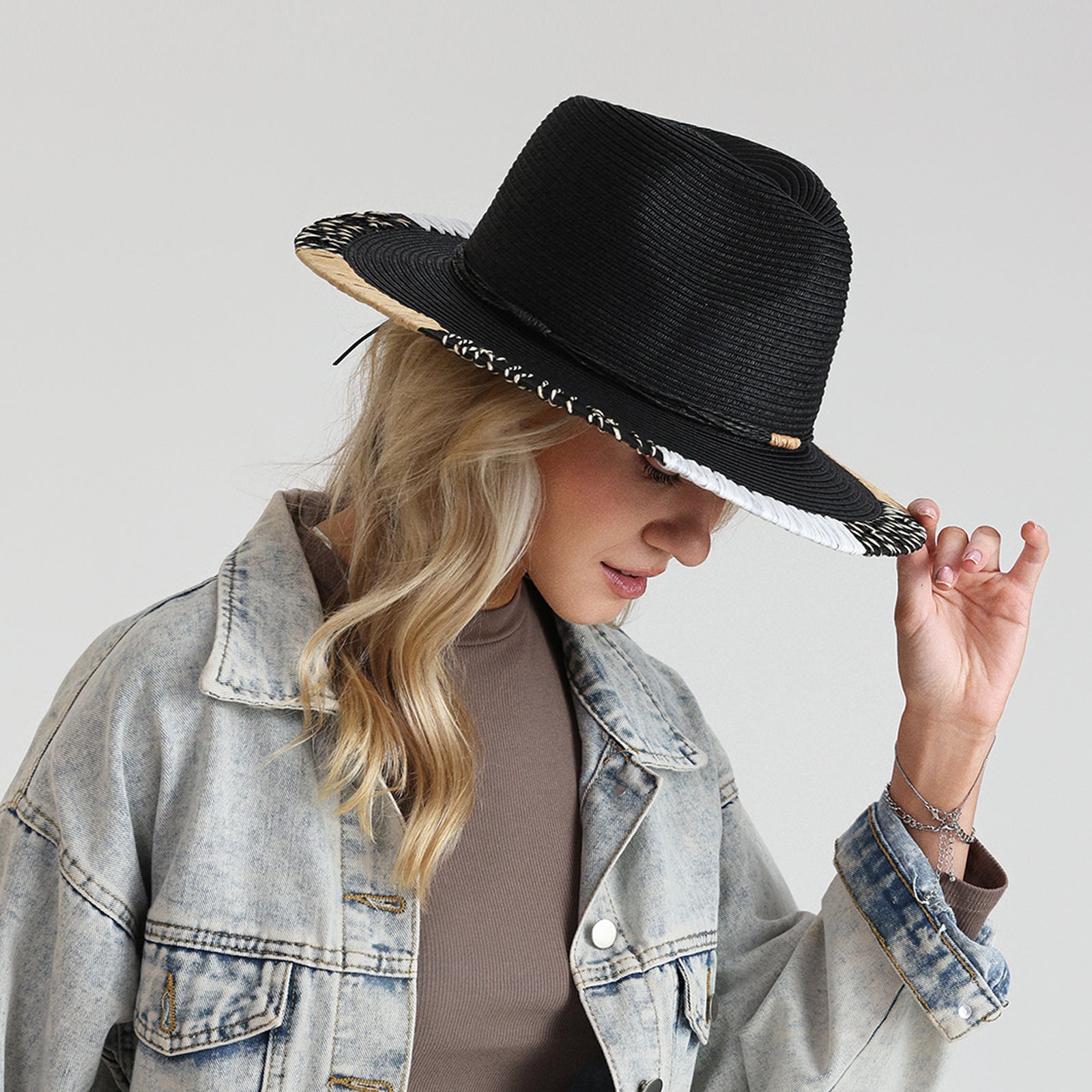 US Stock Wholesale Unisex Paper Straw Fedora Hat with  Flat Brim and UPF 50+ Sun Protection
