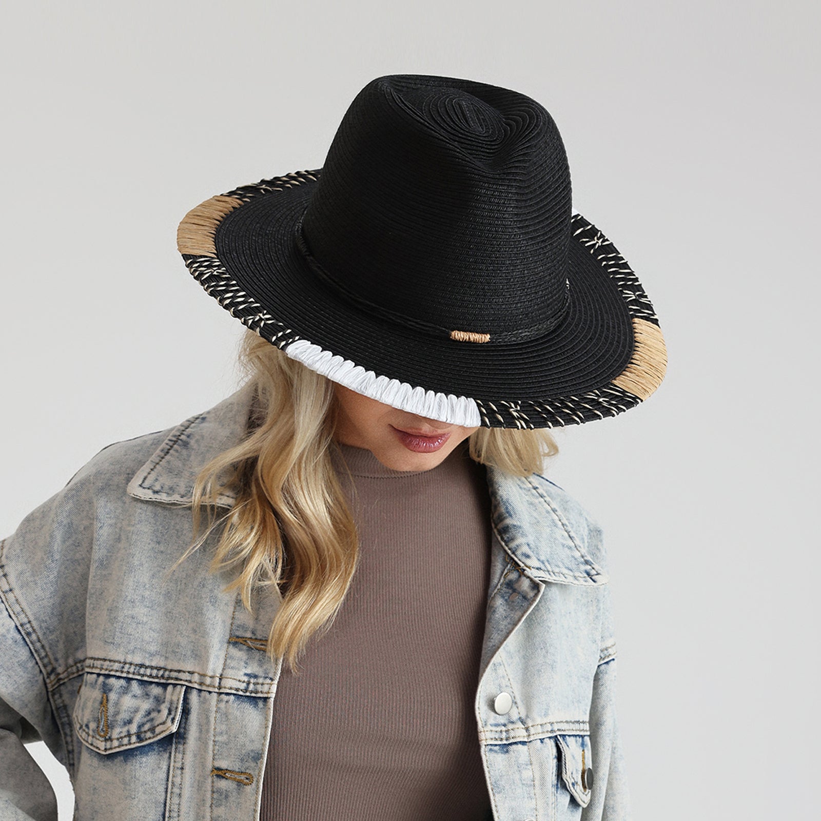 US Stock Wholesale Unisex Paper Straw Fedora Hat with  Flat Brim and UPF 50+ Sun Protection