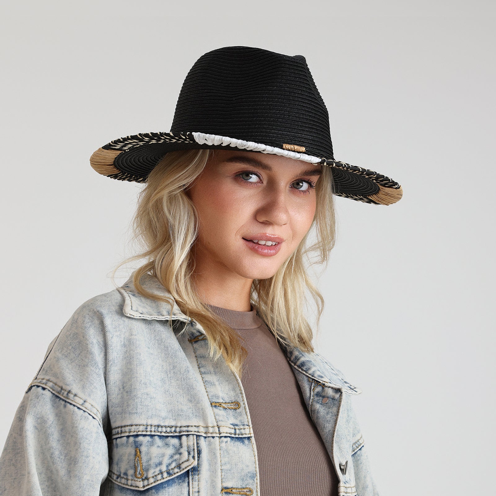 US Stock Wholesale Unisex Paper Straw Fedora Hat with  Flat Brim and UPF 50+ Sun Protection