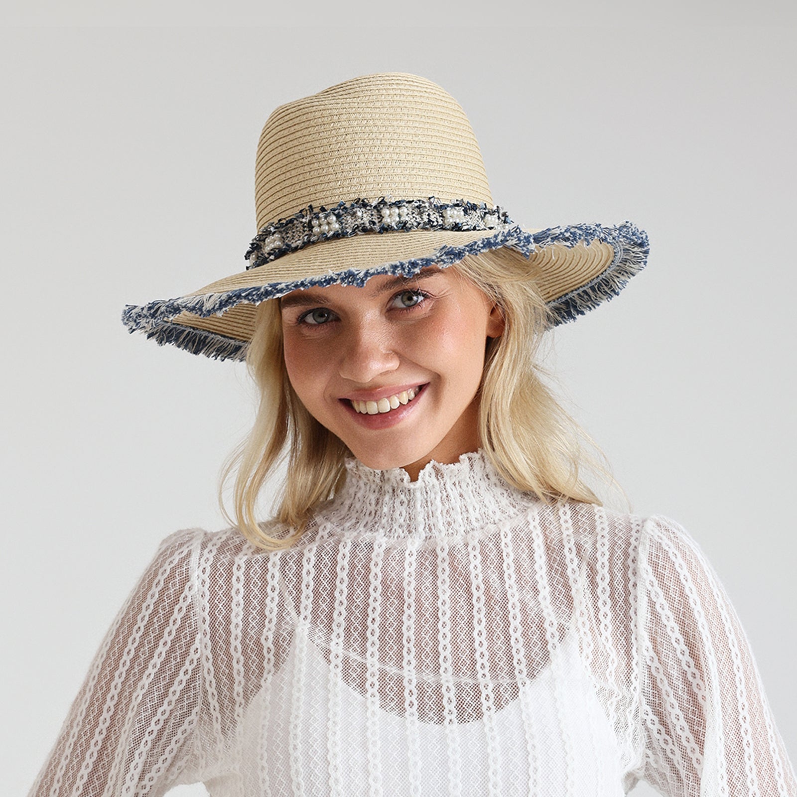 US Stock Wholesale Women's Paper Straw Fedora Hat with  Flat Brim and UPF 50+ Sun Protection