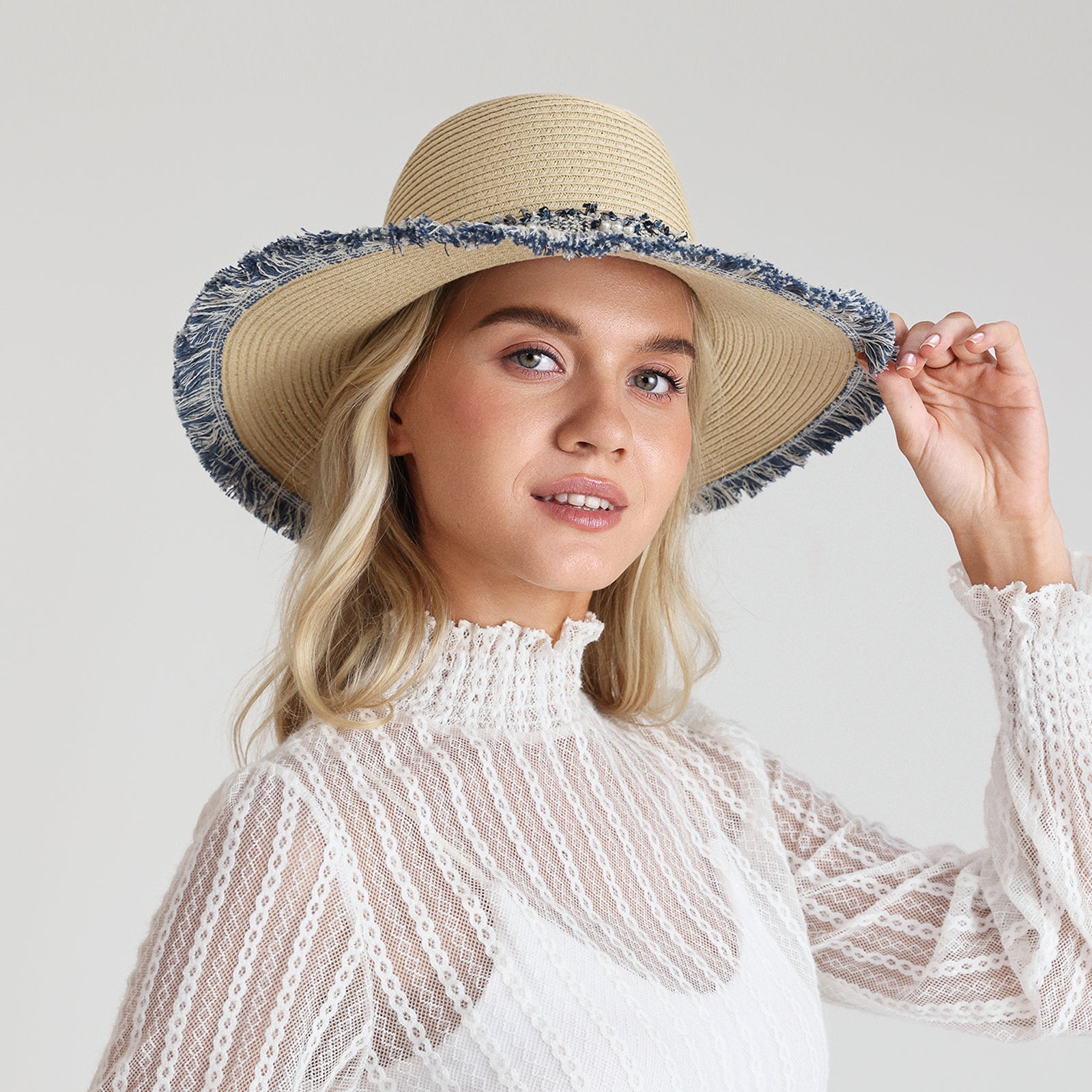 US Stock Wholesale Women's Paper Straw Fedora Hat with  Flat Brim and UPF 50+ Sun Protection