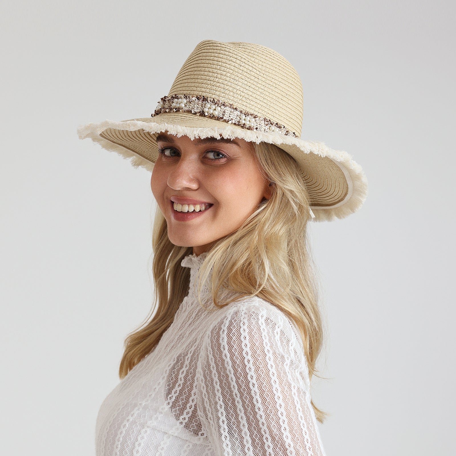 US Stock Wholesale Women's Paper Straw Fedora Hat with  Flat Brim and UPF 50+ Sun Protection